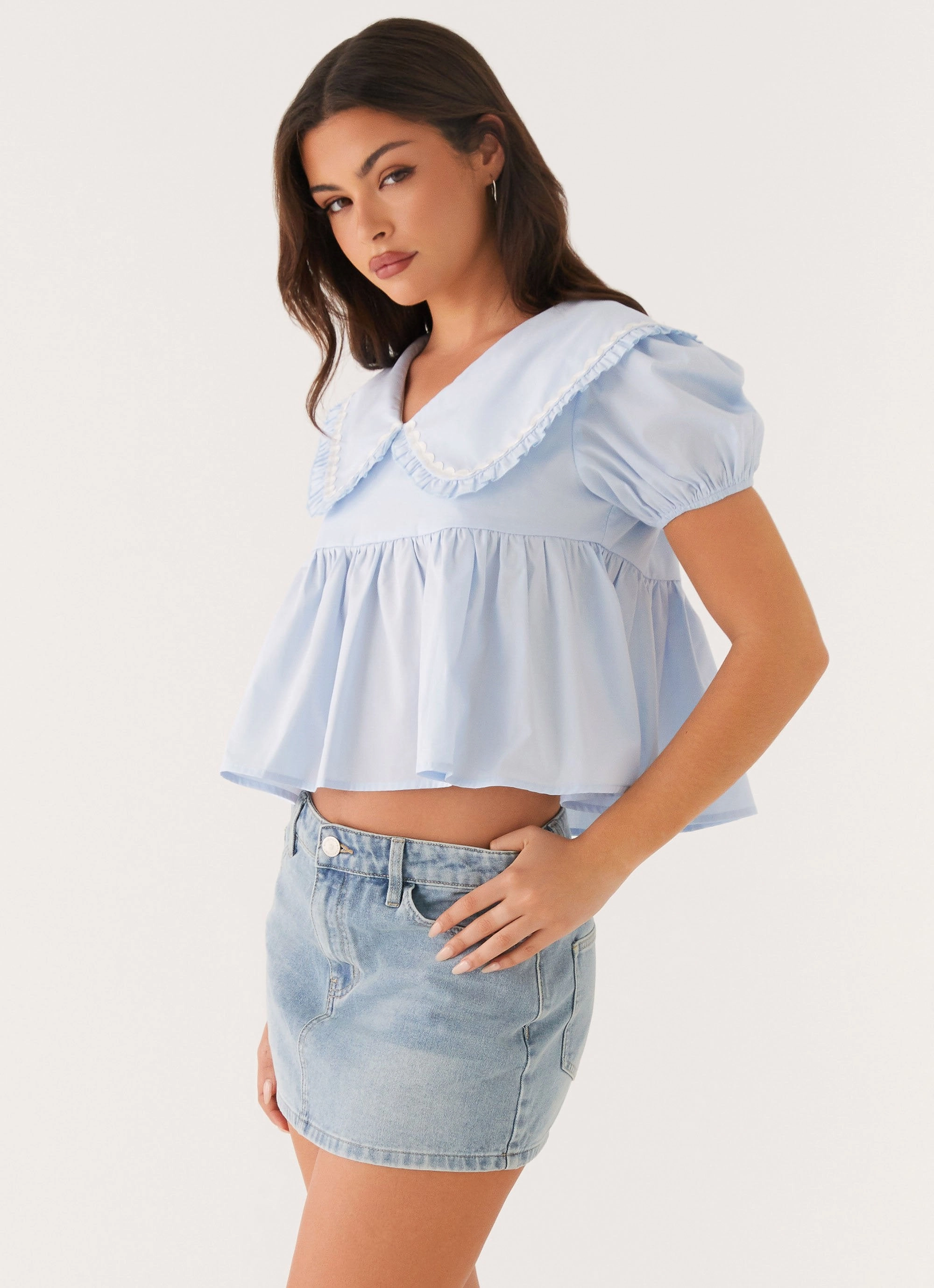 Sophie Babydoll Top - Blue ArticulatedElbowShaping Soft Sweater