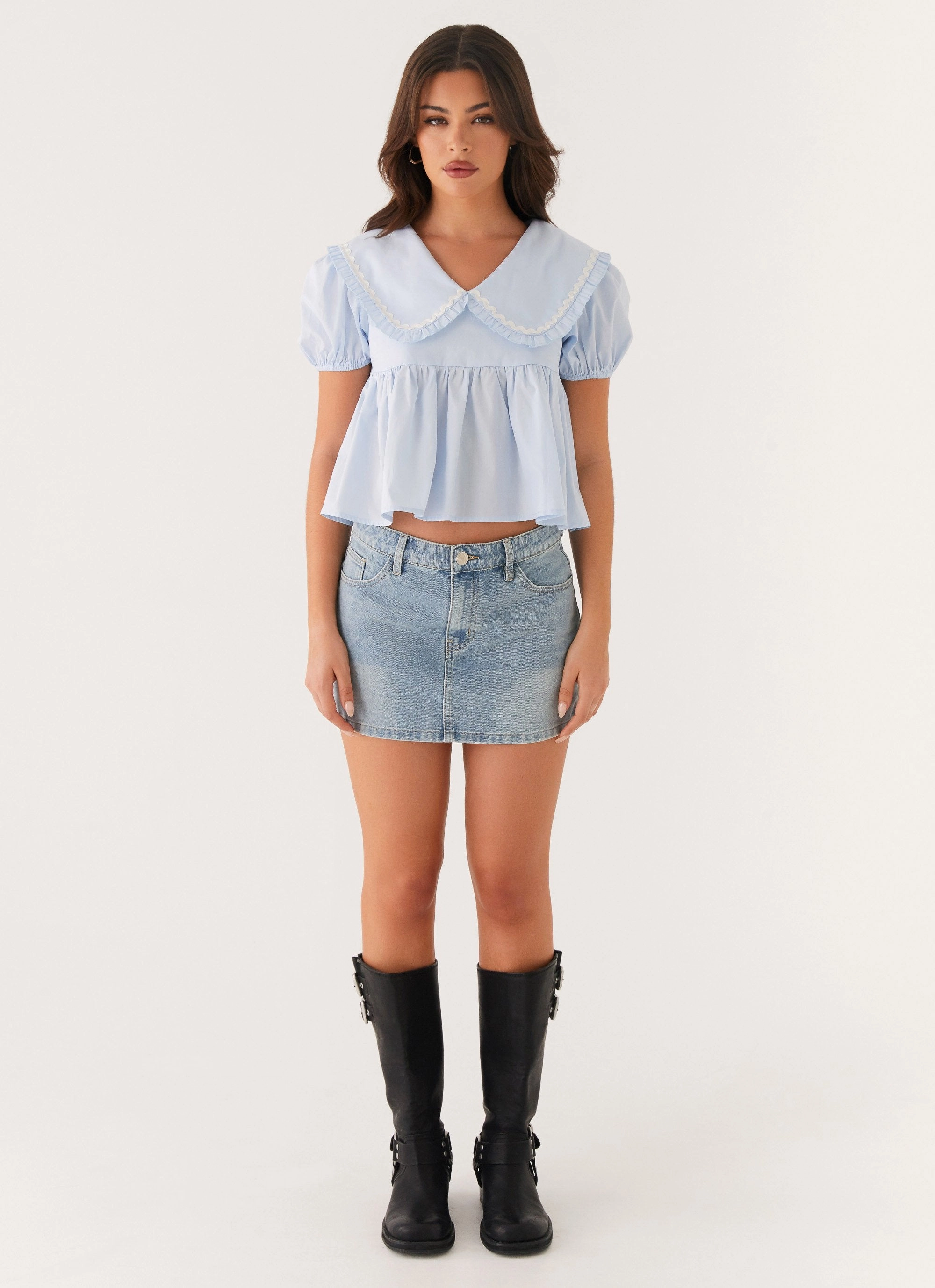 Sophie Babydoll Top - Blue Relaxed Hoodie Buttonless Closure