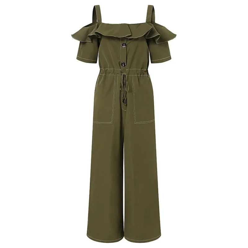 Off-Shoulder Straps Casual Daily Cargo Ruffles Jumpsuit
