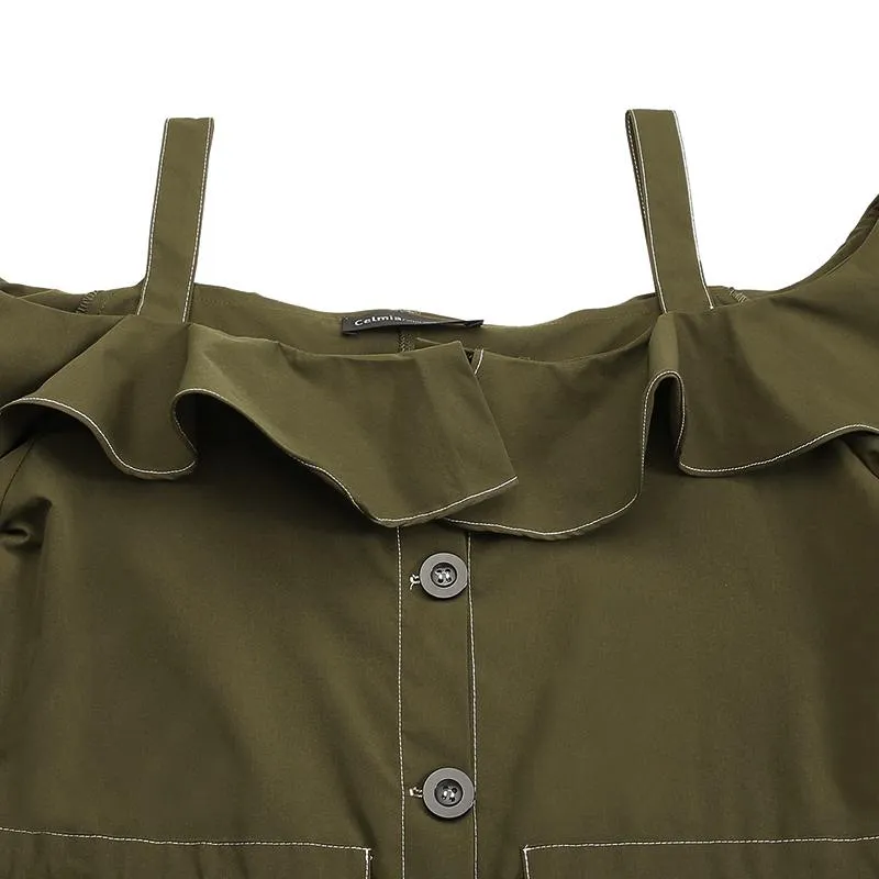 Off-Shoulder Straps Casual Daily Cargo Ruffles Jumpsuit