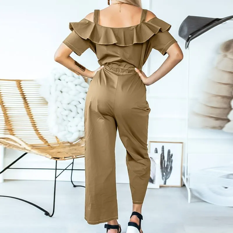 Off-Shoulder Straps Casual Daily Cargo Ruffles Jumpsuit