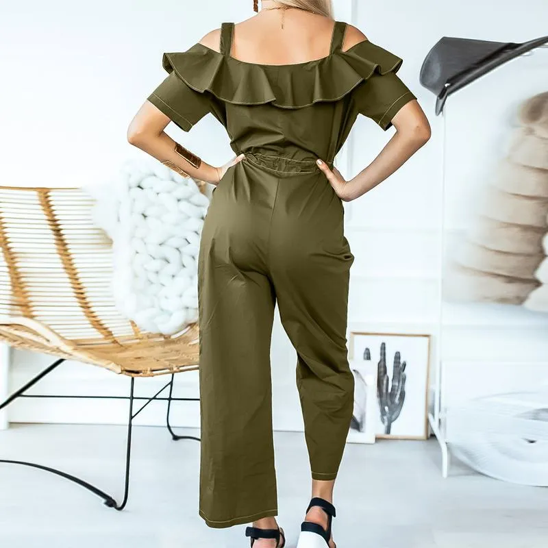 Off-Shoulder Straps Casual Daily Cargo Ruffles Jumpsuit
