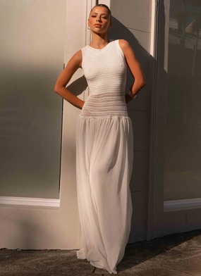 Off Grid Crochet Maxi Dress - White Effortless Look Silky Drape