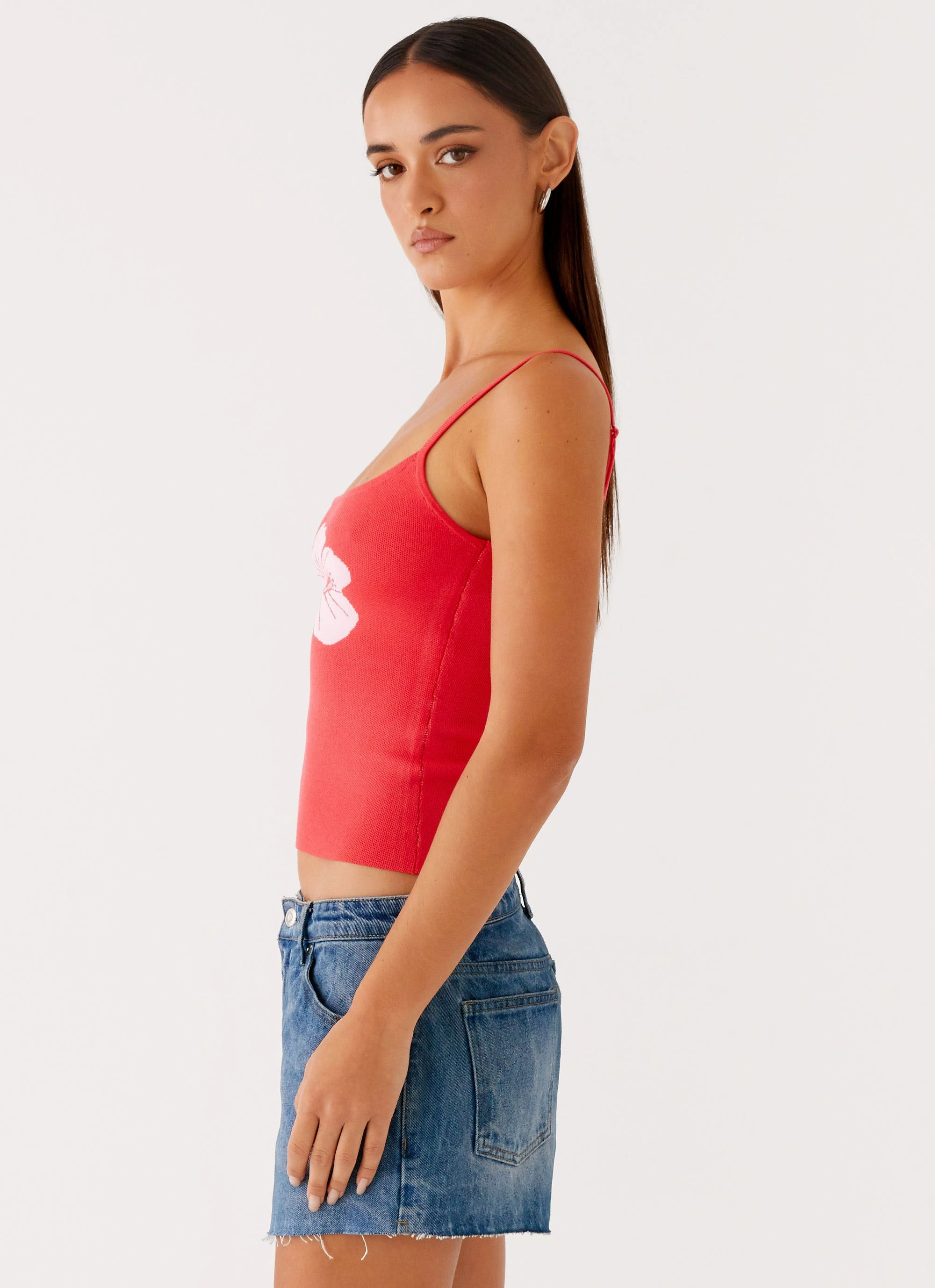 Ofira Knit Tank Top - Red Floral ribbed texture Bonded Seam Tape