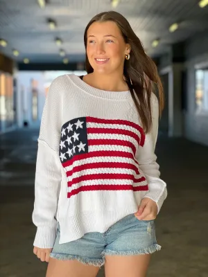 Ultraviolet Protection Finish Layered Collar Design Old Glory Sweater- Ivory