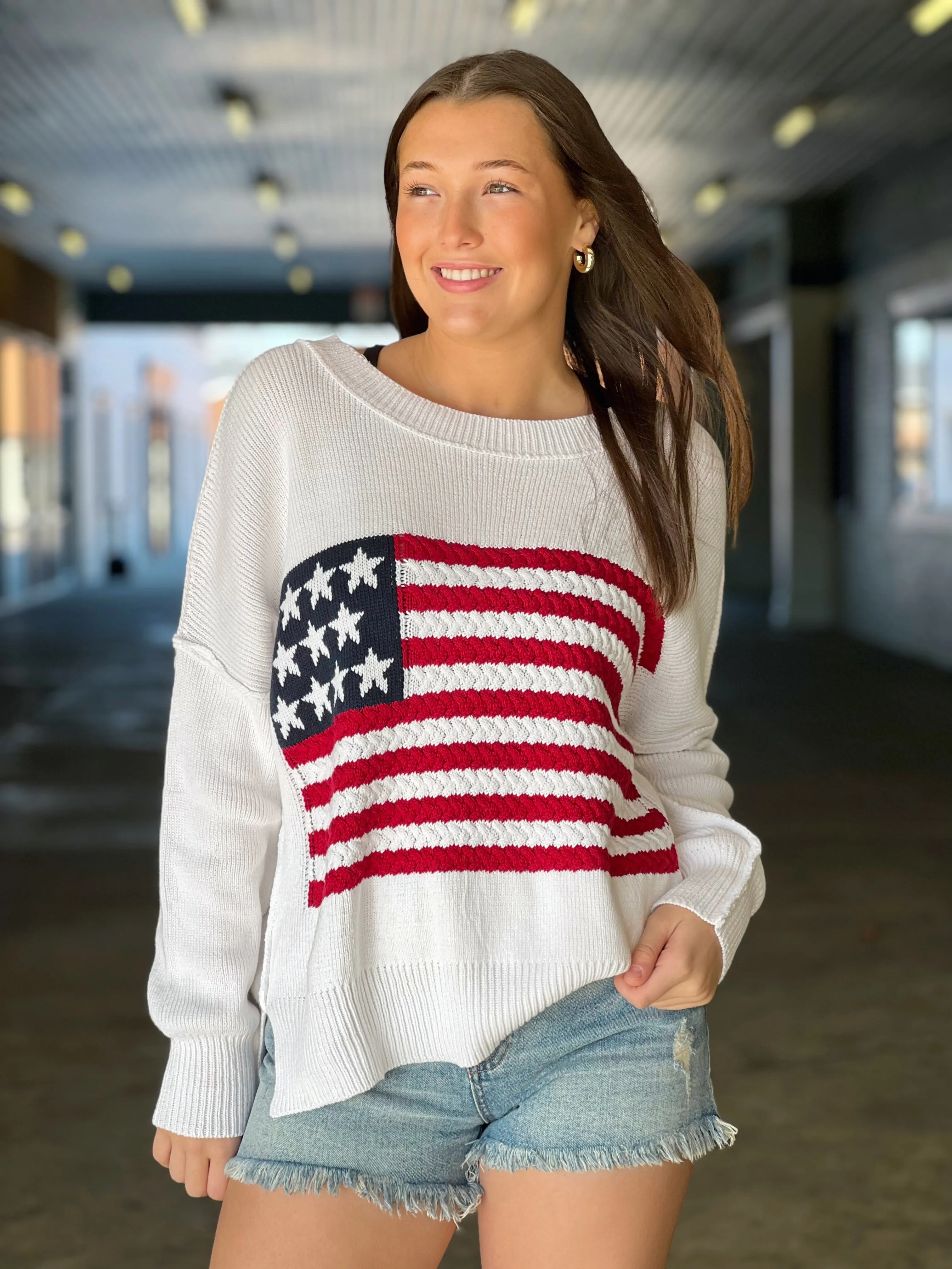 Resilient Fabric Blend Breathable Knit Fabric Old Glory Sweater- Ivory