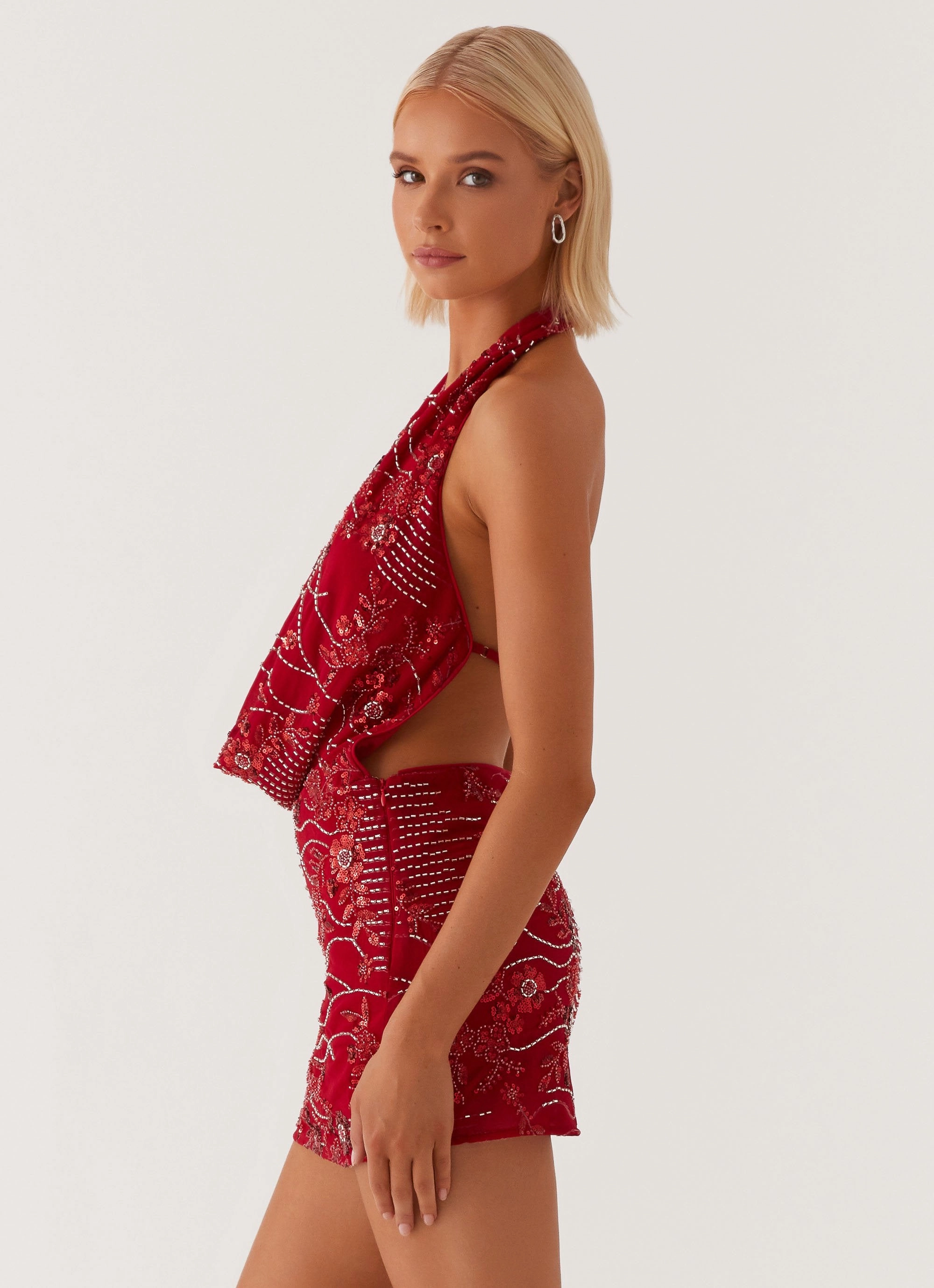 Hip-Flattering Lightweight Fabric Olisa Cowl Neck Beaded Mini Dress - Red