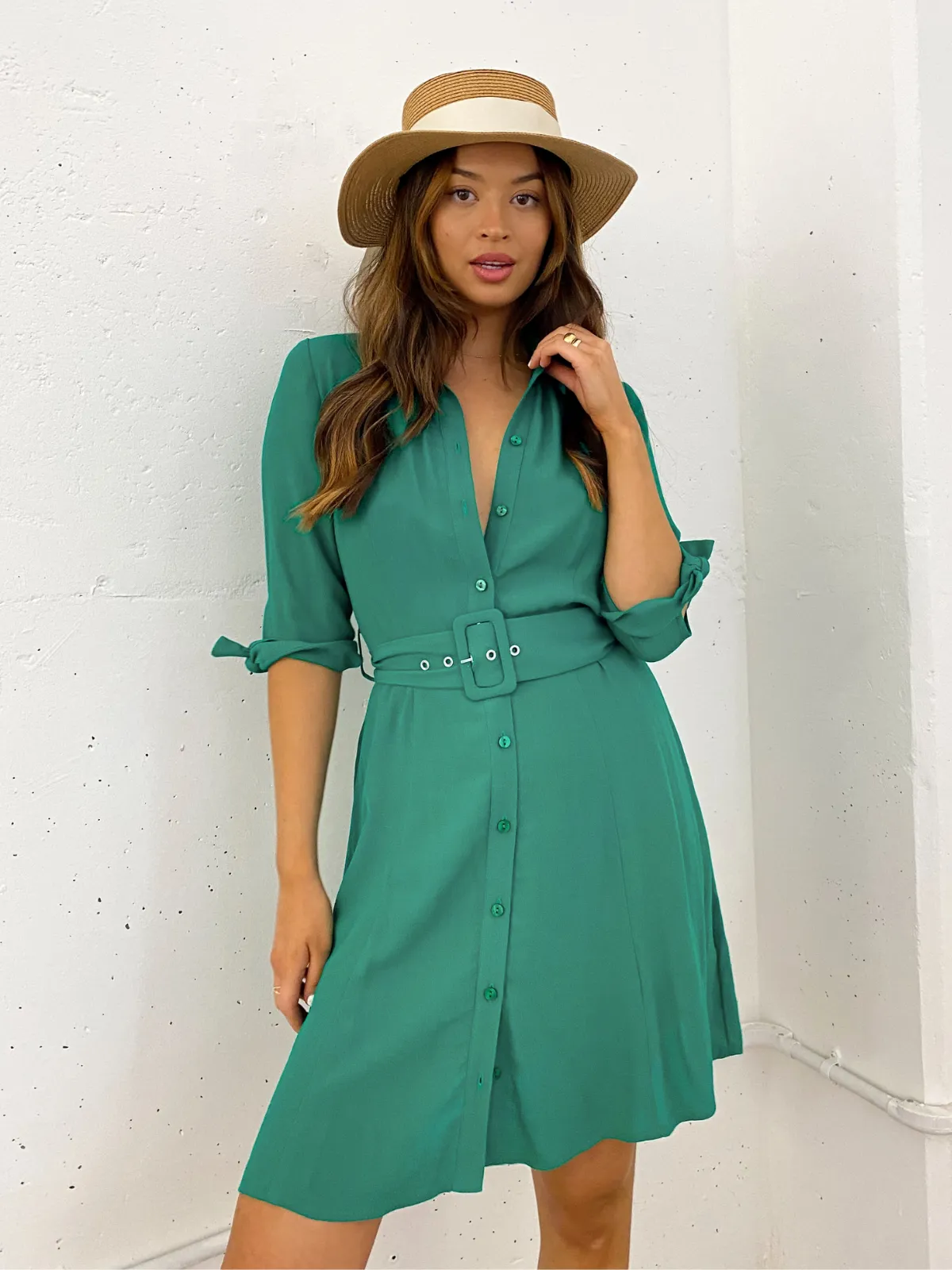 Olivia Mini Belted Shirt Dress / Green LowProfileZipper Travel Edge