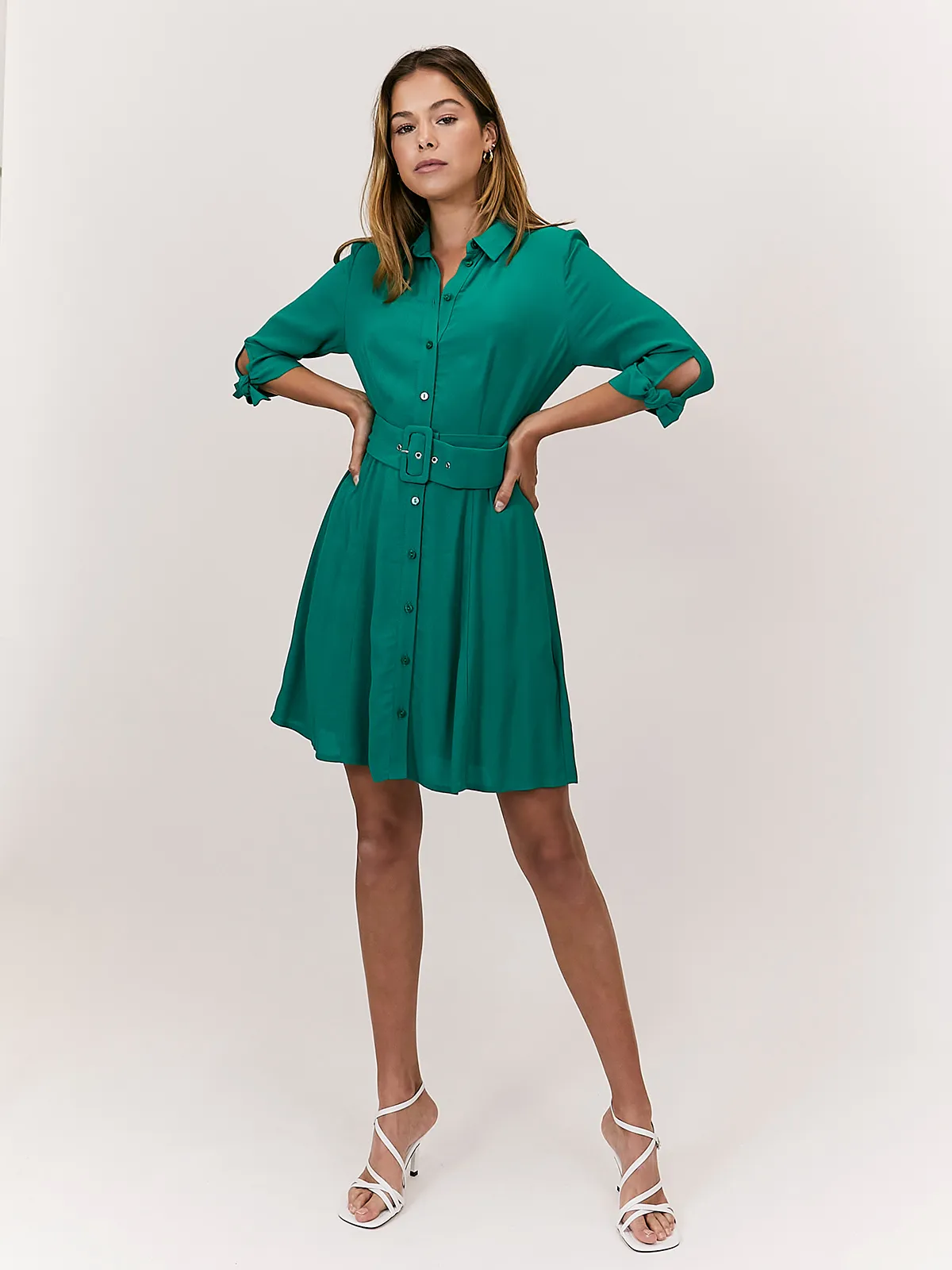 Calm Touch Country View Olivia Mini Belted Shirt Dress / Green