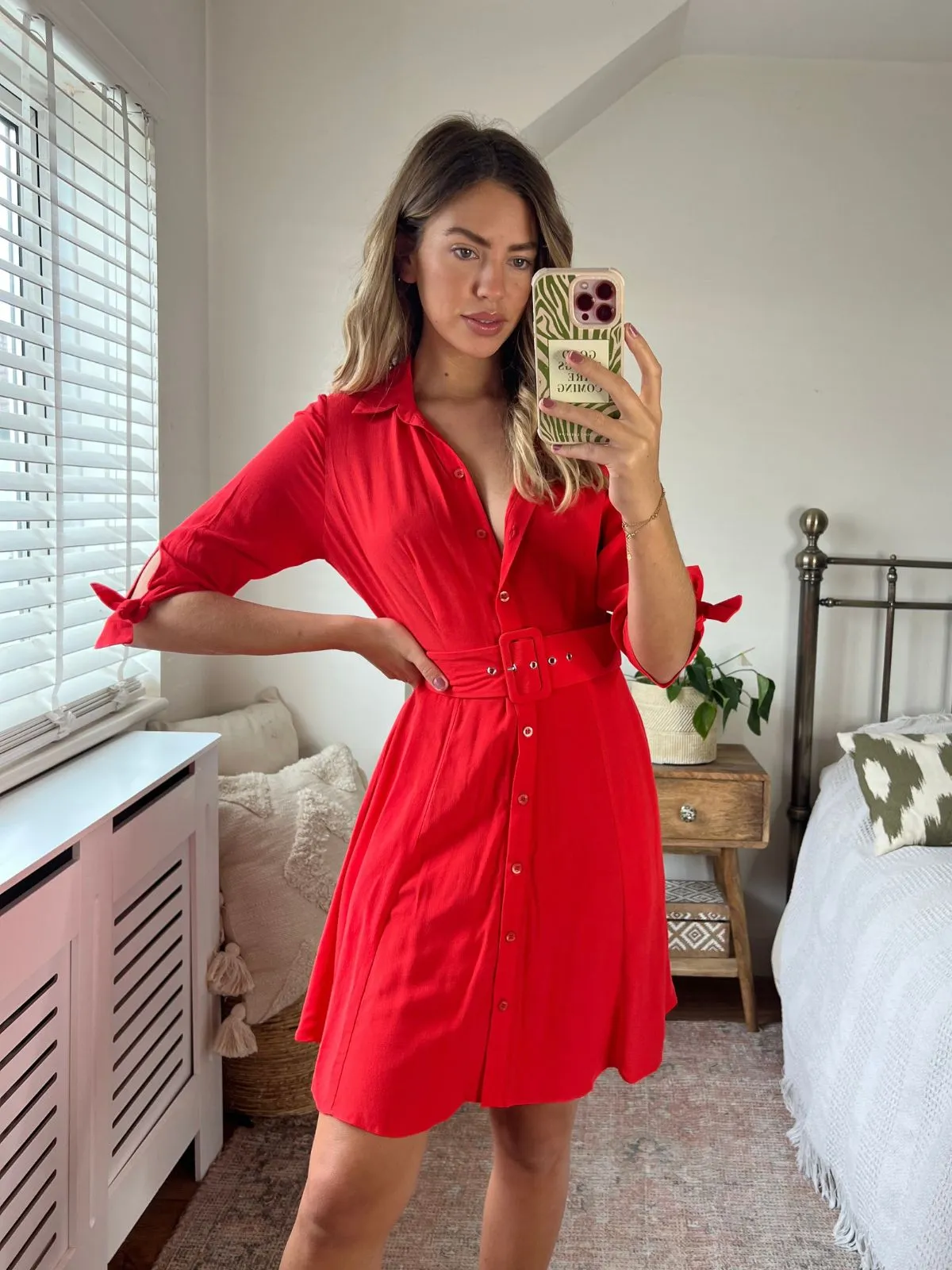 Shine Moment Olivia Mini Belted Shirt Dress / Red