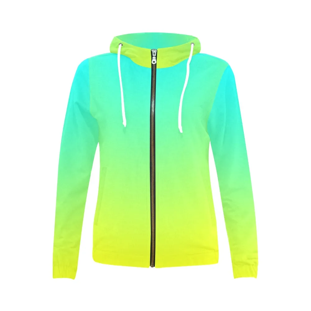 Ombre Aqua Yellow Full Zip Hoodie up to 2 XL