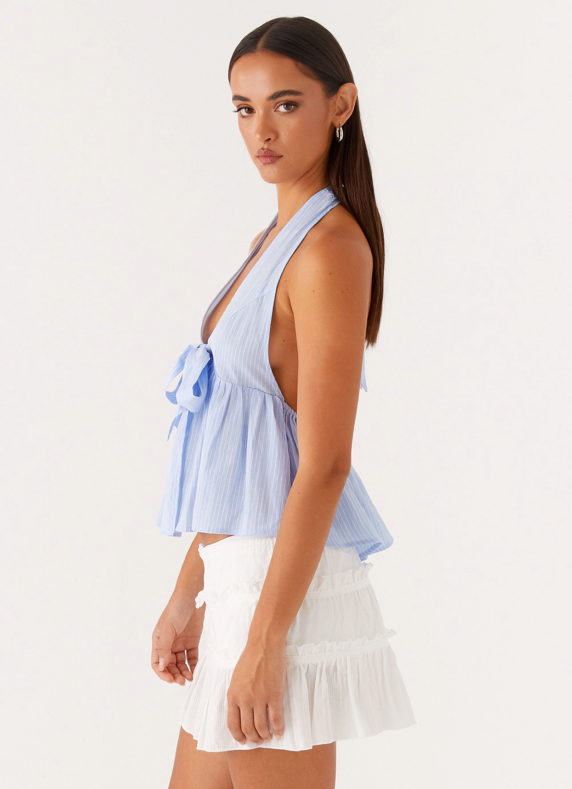 NoTagLabel Midweight Texture On Repeat Halter Top - Blue Stripe