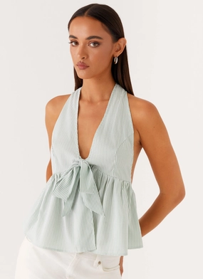 On Repeat Halter Top - Green Stripe Layered Collar Design NonRestrictive