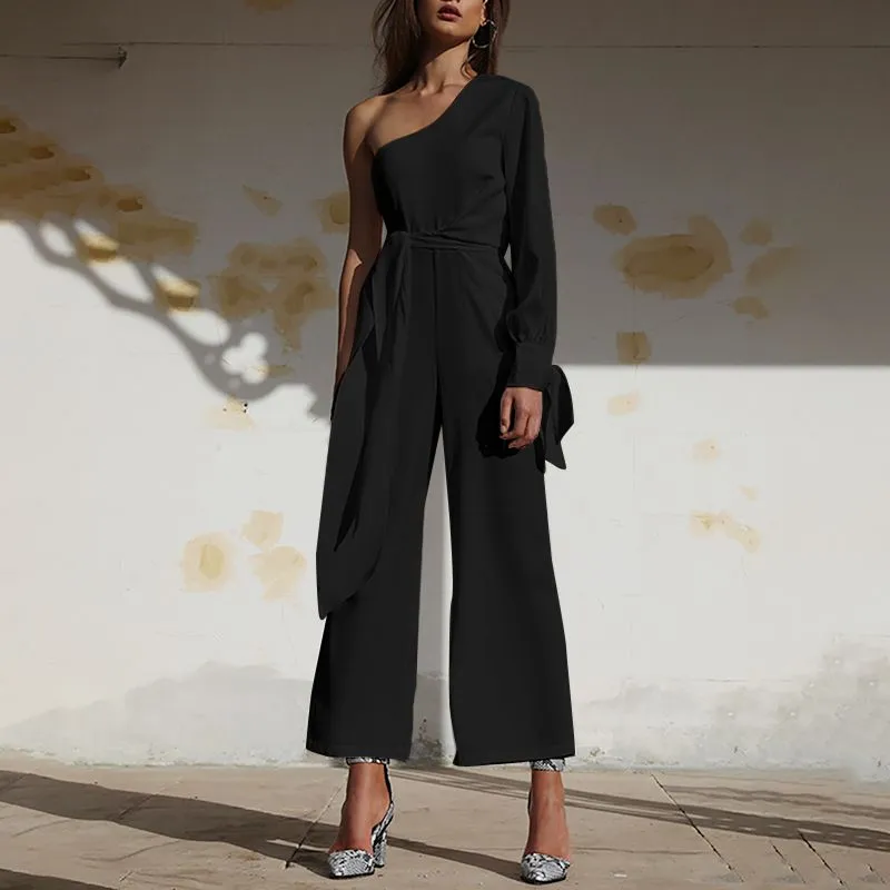 One Shoulder Long Sleeve Slash Neck Asymmetrical Romper