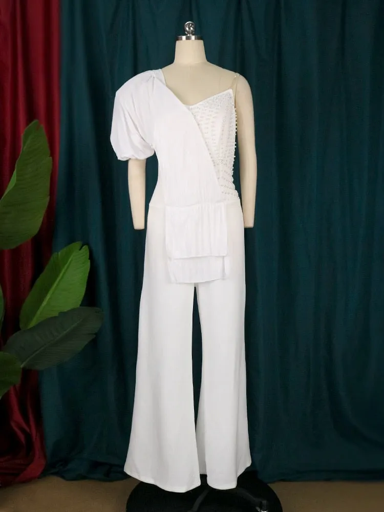 One Shoulder Puff Sleeve Backless Wide Leg Romper