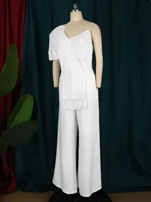 One Shoulder Puff Sleeve Backless Wide Leg Romper