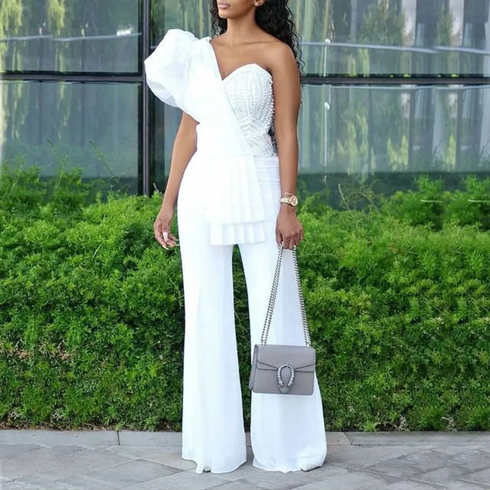 One Shoulder Puff Sleeve Backless Wide Leg Romper