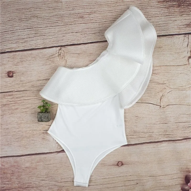 One Shoulder Ruffles Fitness Bodysuit Women Clothing Fashion Sexy Hot Slim Bodycon Jumpsuits Solid Ladies Bodysuits Rompers