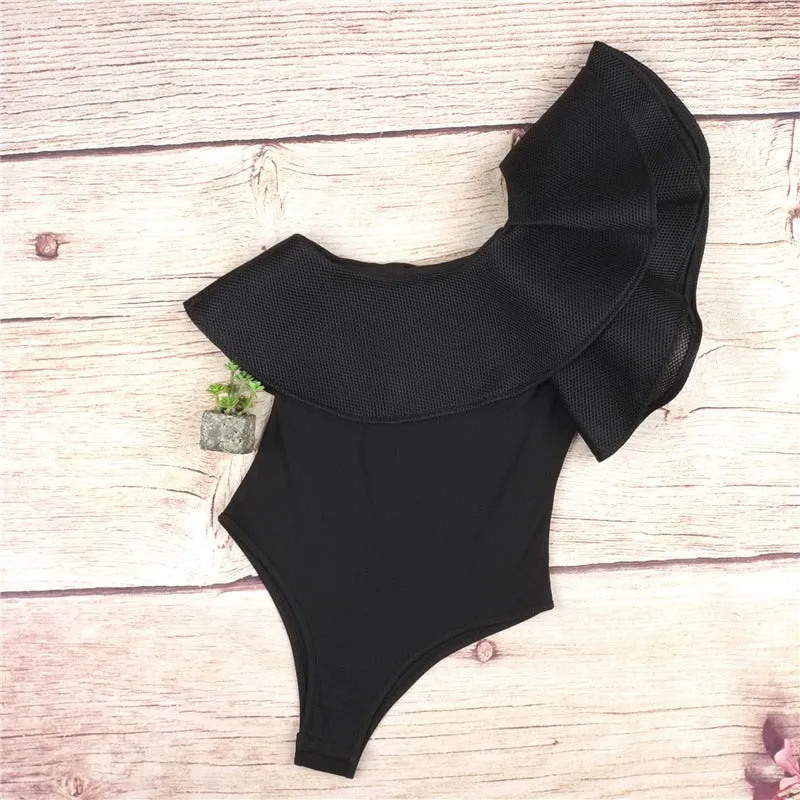 One Shoulder Ruffles Fitness Bodysuit Women Clothing Fashion Sexy Hot Slim Bodycon Jumpsuits Solid Ladies Bodysuits Rompers