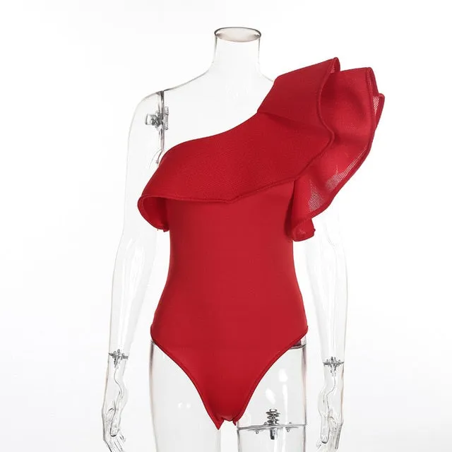 One Shoulder Ruffles Fitness Bodysuit Women Clothing Fashion Sexy Hot Slim Bodycon Jumpsuits Solid Ladies Bodysuits Rompers