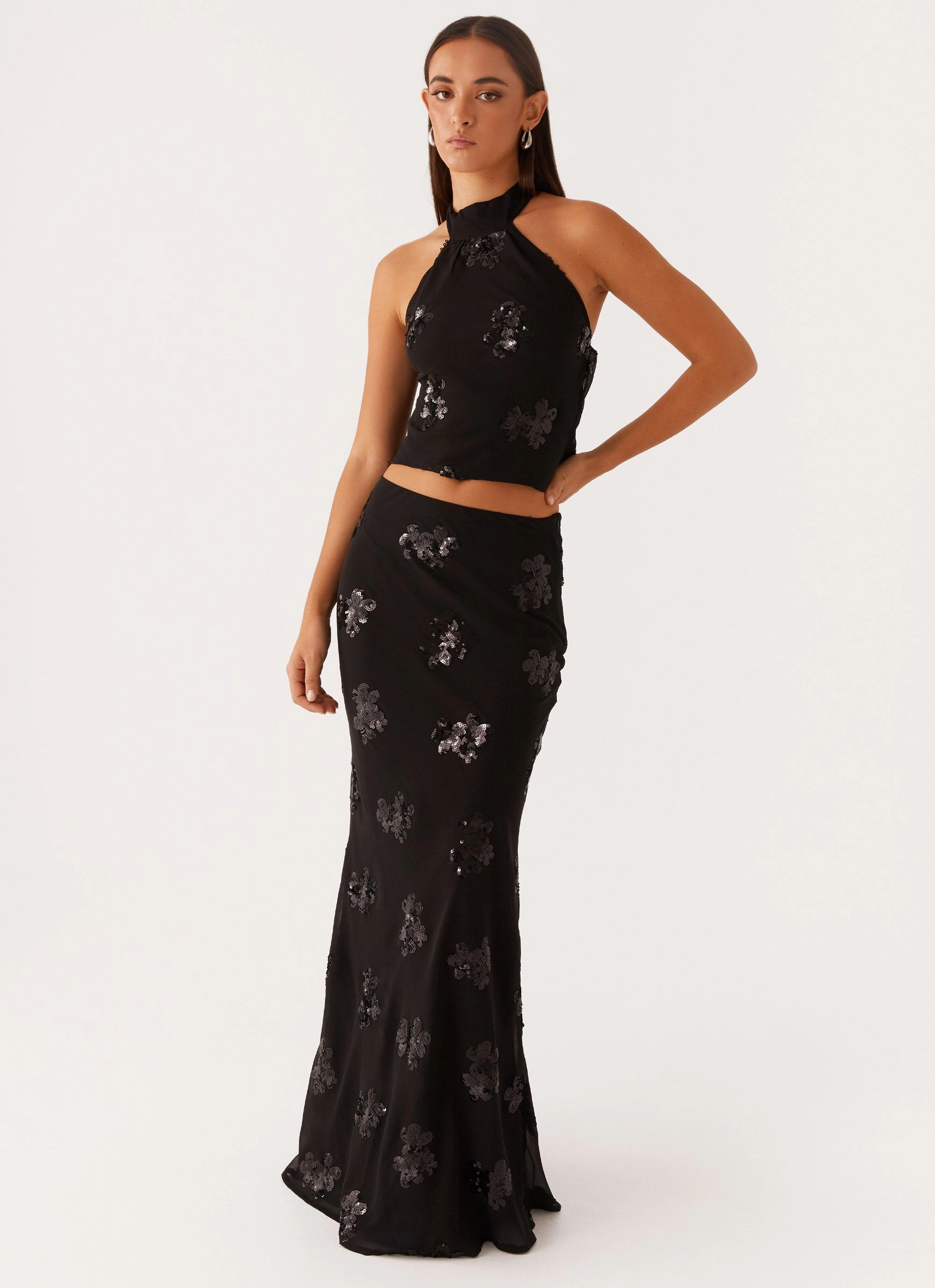 Only Girl Sequin Maxi Skirt - Black Matte Texture Structured Shape