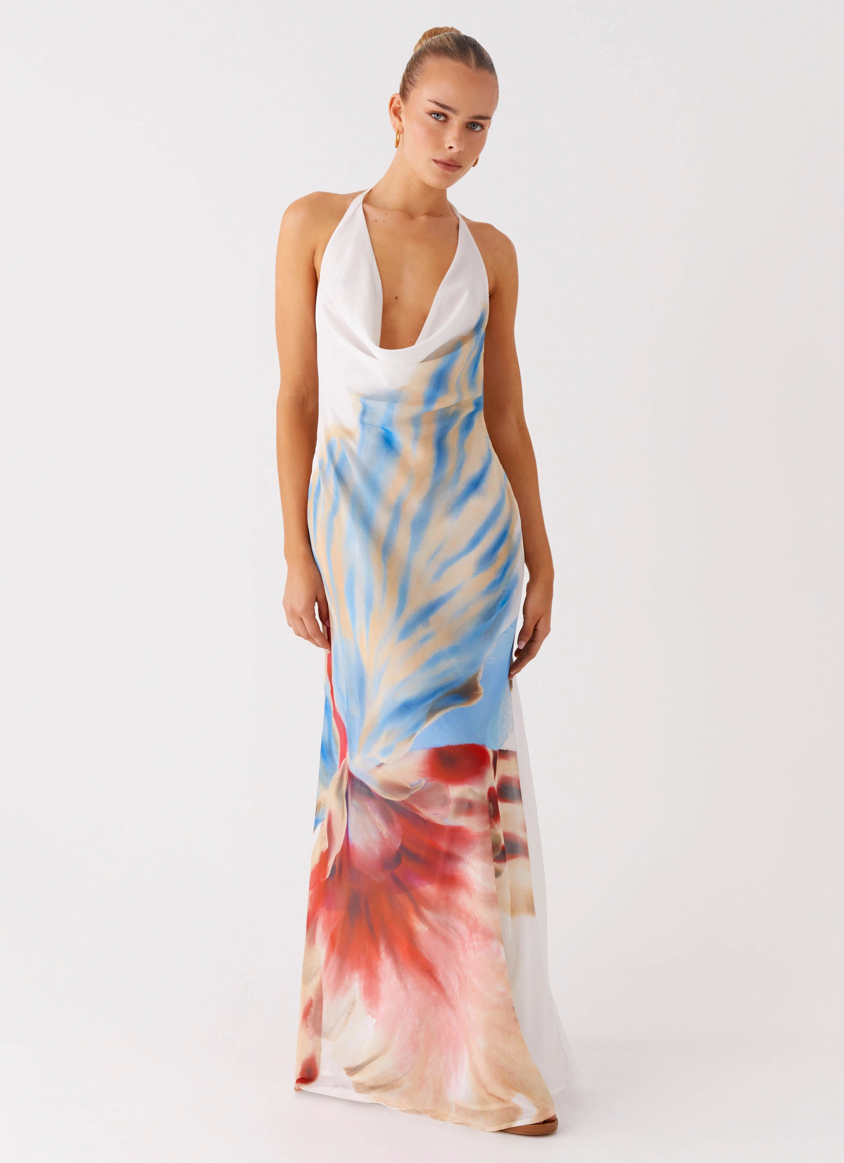 Sleek Layer Sheer Overlay Stars Align Cowl Maxi Dress - White Sea Bloom