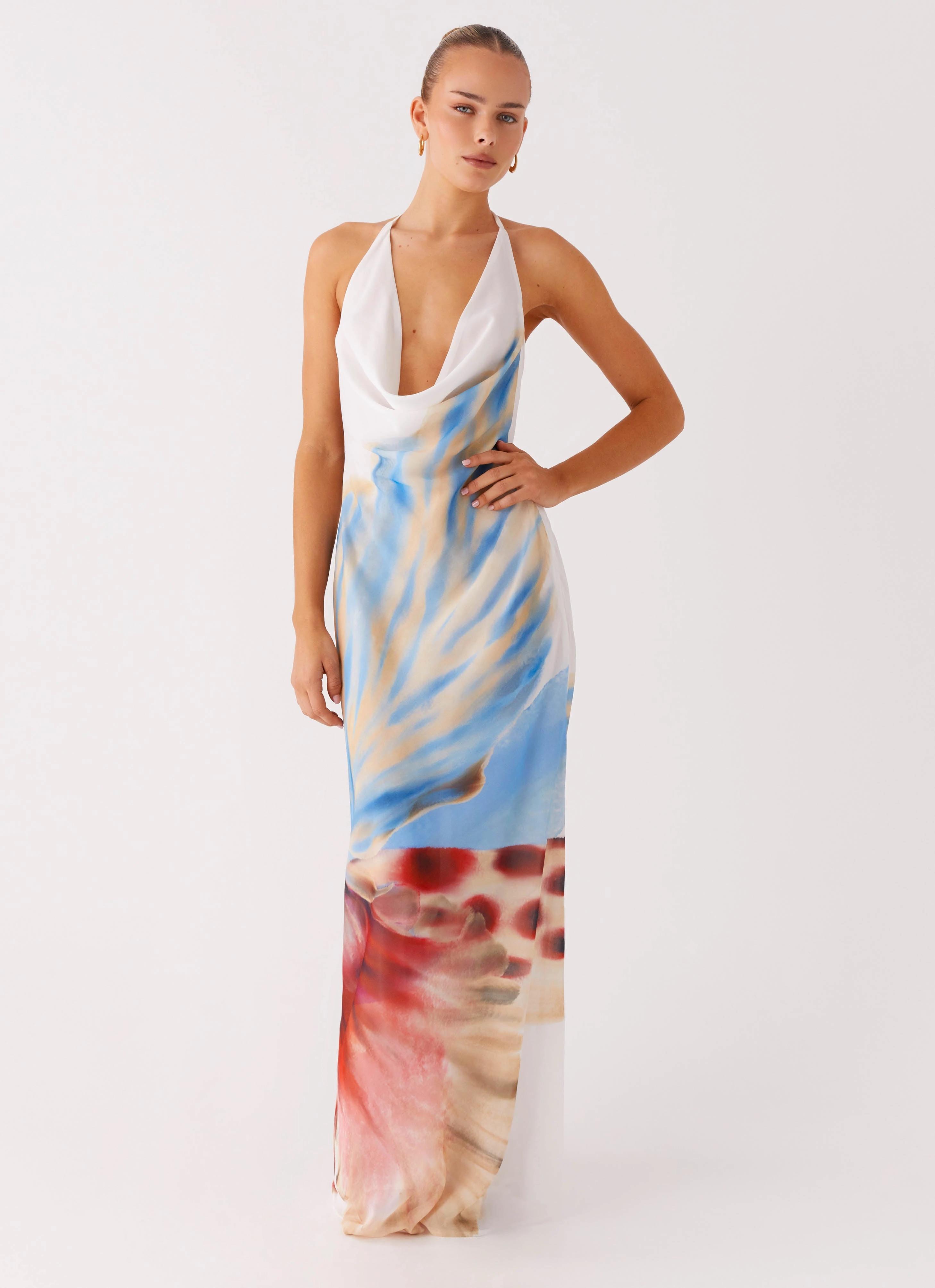 Warm Pink Stars Align Cowl Maxi Dress - White Sea Bloom