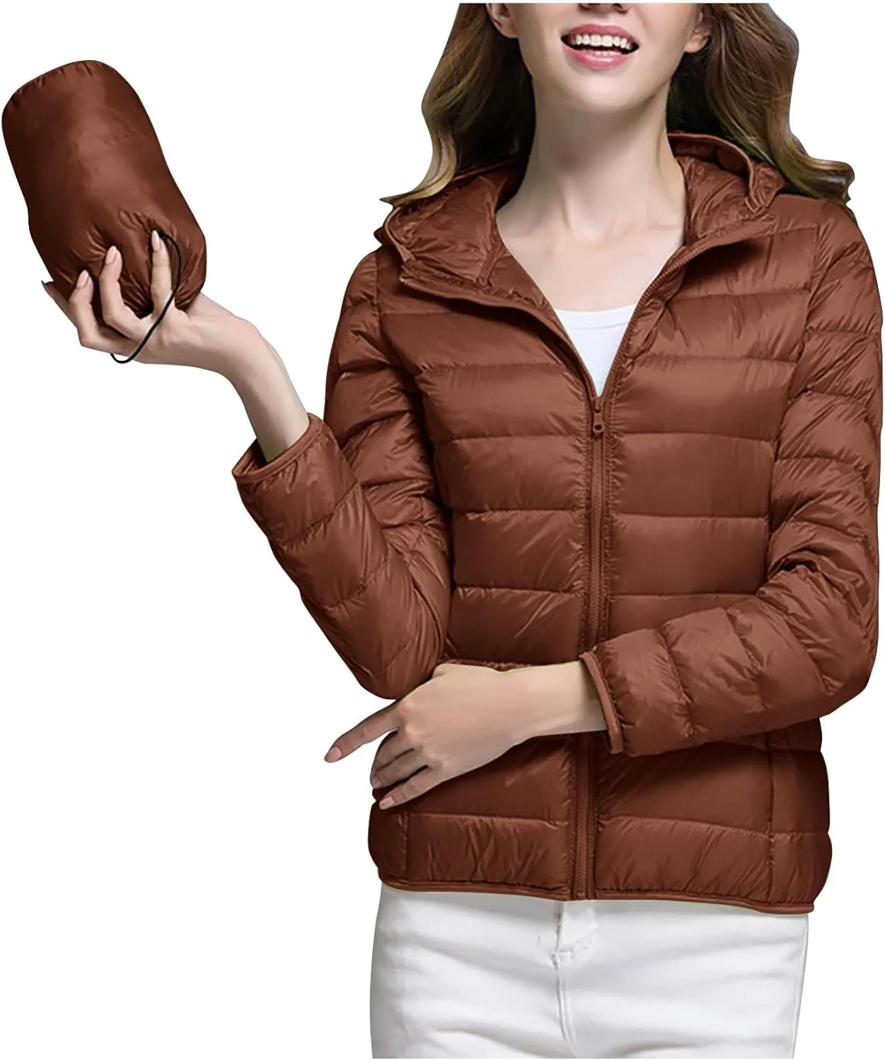 Oplxuo Womens Zip Up Puffer Jacket with Hood Lightweight Packable Quilted Down Coat Winter Padded Puffer Jackets Outerwear