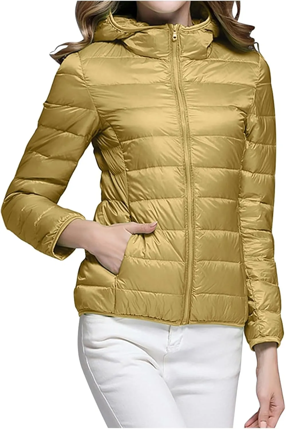 Oplxuo Womens Zip Up Puffer Jacket with Hood Lightweight Packable Quilted Down Coat Winter Padded Puffer Jackets Outerwear