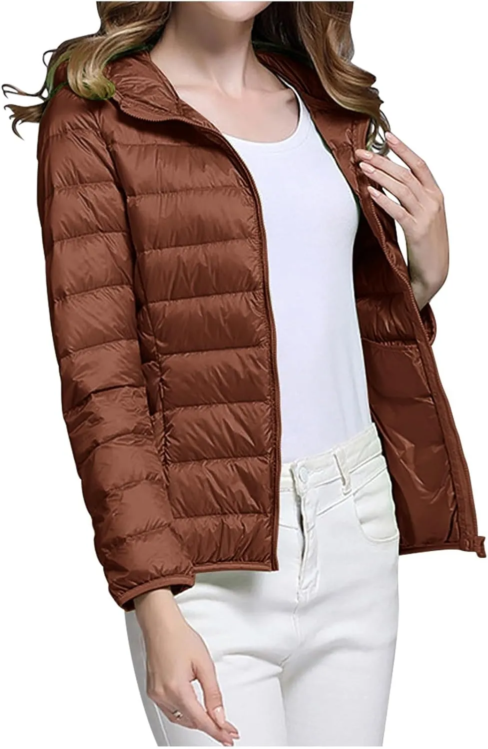 Oplxuo Womens Zip Up Puffer Jacket with Hood Lightweight Packable Quilted Down Coat Winter Padded Puffer Jackets Outerwear