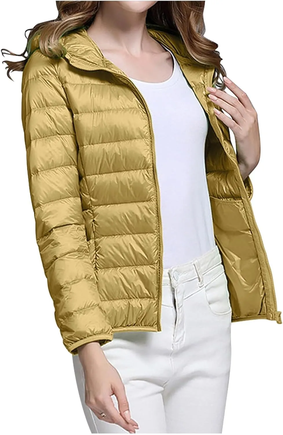 Oplxuo Womens Zip Up Puffer Jacket with Hood Lightweight Packable Quilted Down Coat Winter Padded Puffer Jackets Outerwear