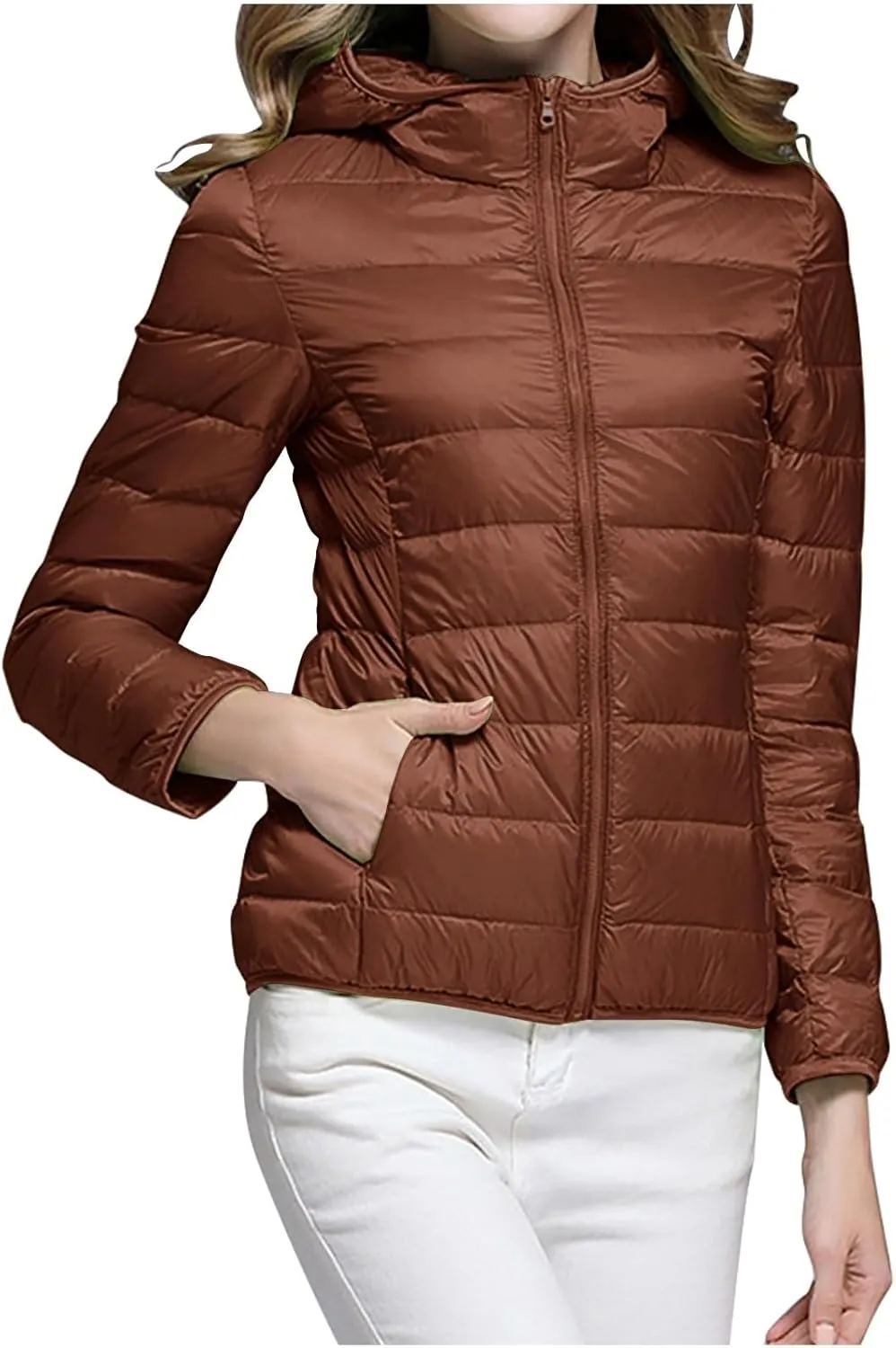 Oplxuo Womens Zip Up Puffer Jacket with Hood Lightweight Packable Quilted Down Coat Winter Padded Puffer Jackets Outerwear