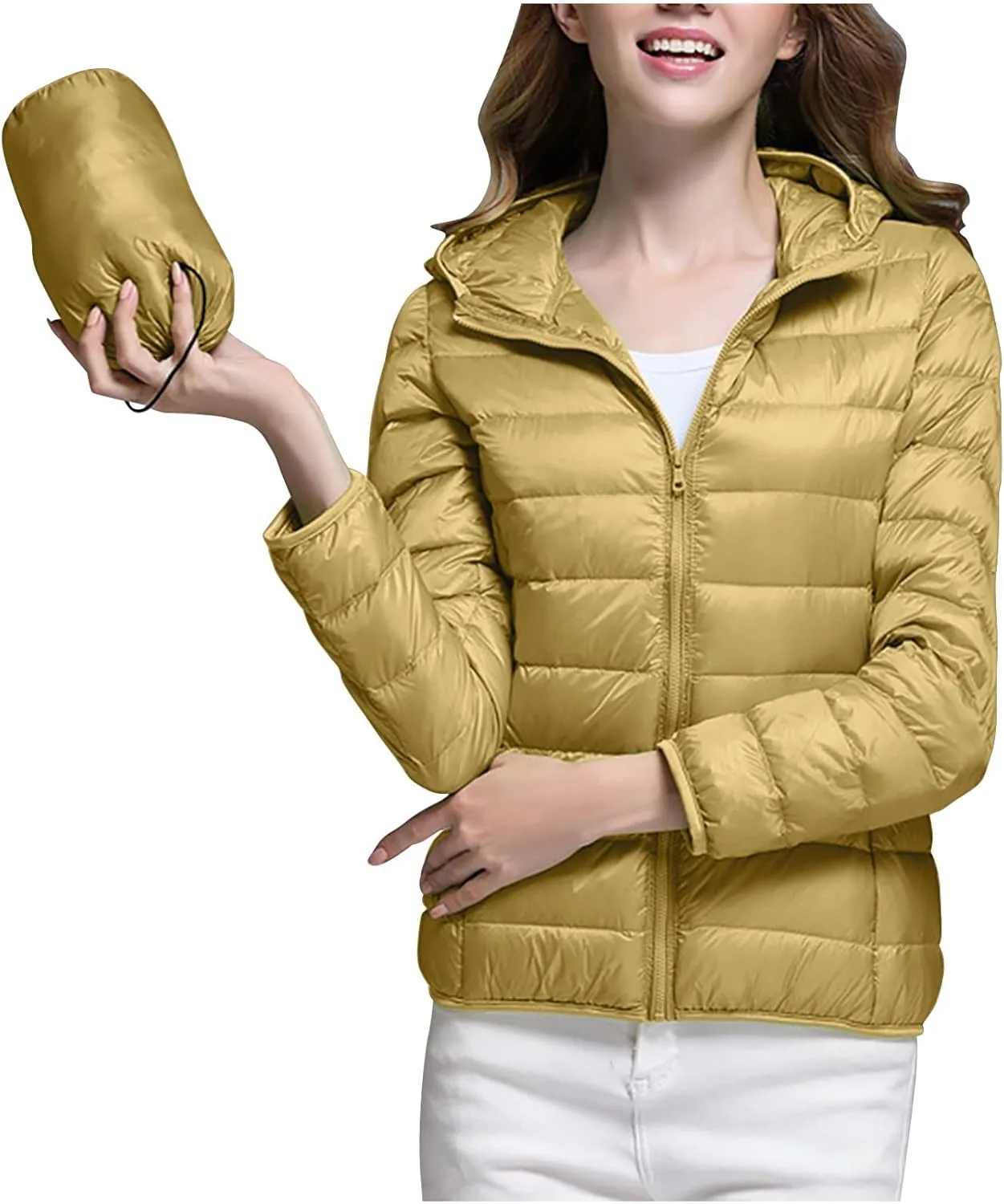 Oplxuo Womens Zip Up Puffer Jacket with Hood Lightweight Packable Quilted Down Coat Winter Padded Puffer Jackets Outerwear