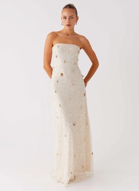 Harmonious Layers Minimal Cut Orelli Shell Sequin Knit Maxi Dress - Ivory