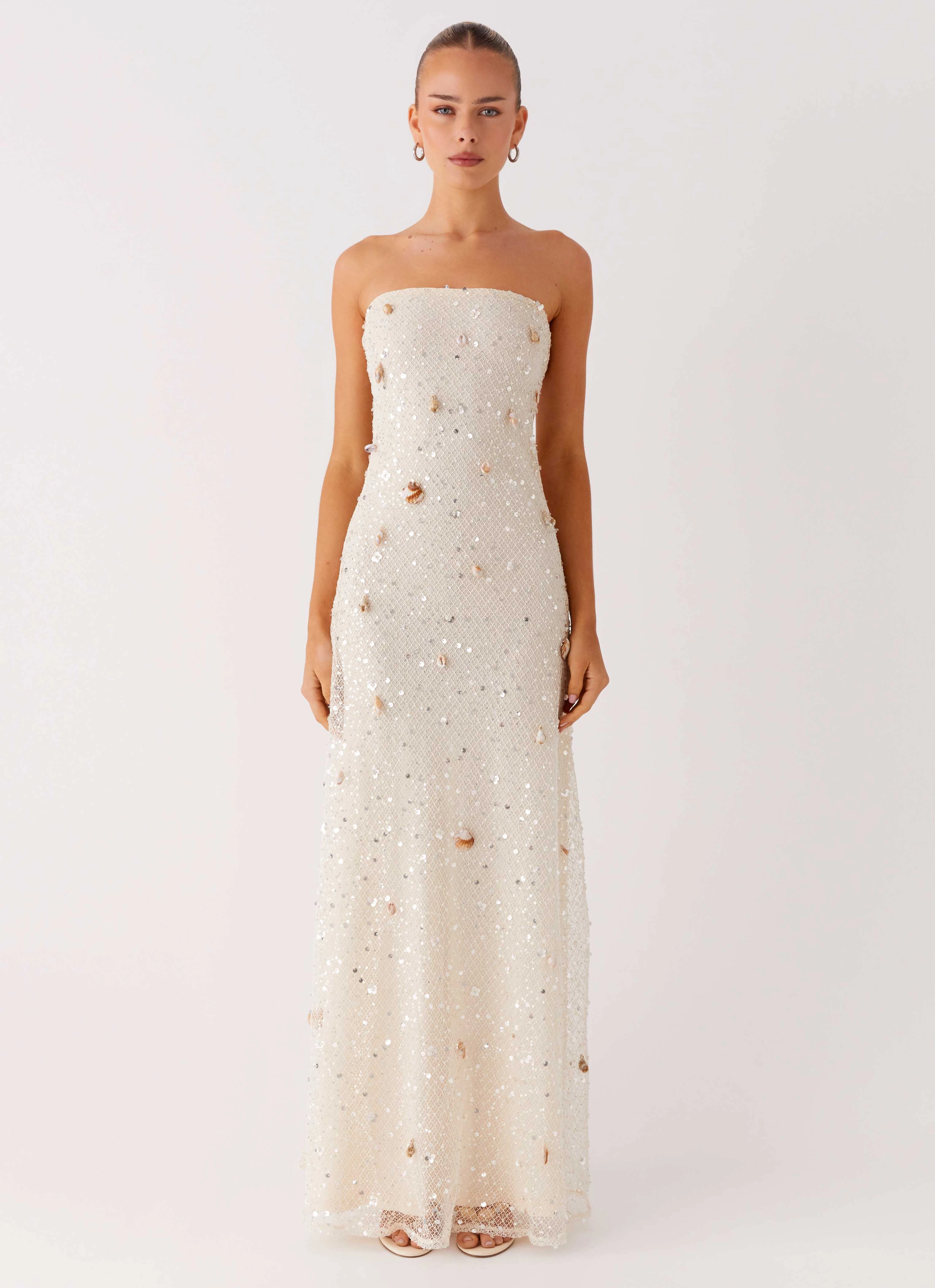 Flared-Hem Orelli Shell Sequin Knit Maxi Dress - Ivory
