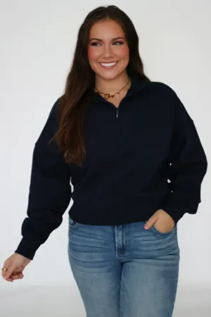 Hydrophobic Threadwork High Density Knit Sporty Half Zip Sweatshirt- Navy