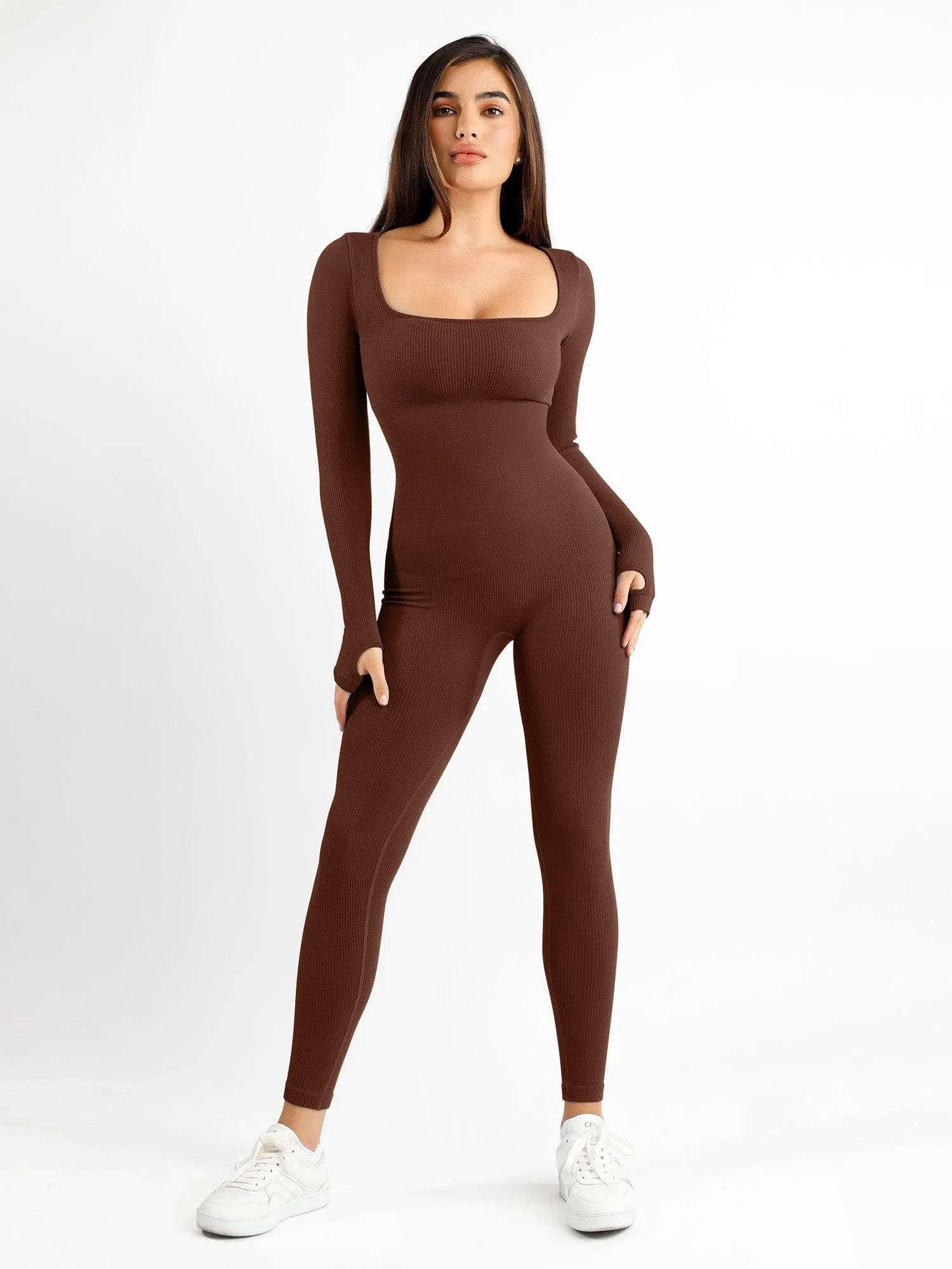 Shapewear Seamless Thumb Hole Long Sleeve Jumpsuit Contoured Armhole Design Raw Edge Detail