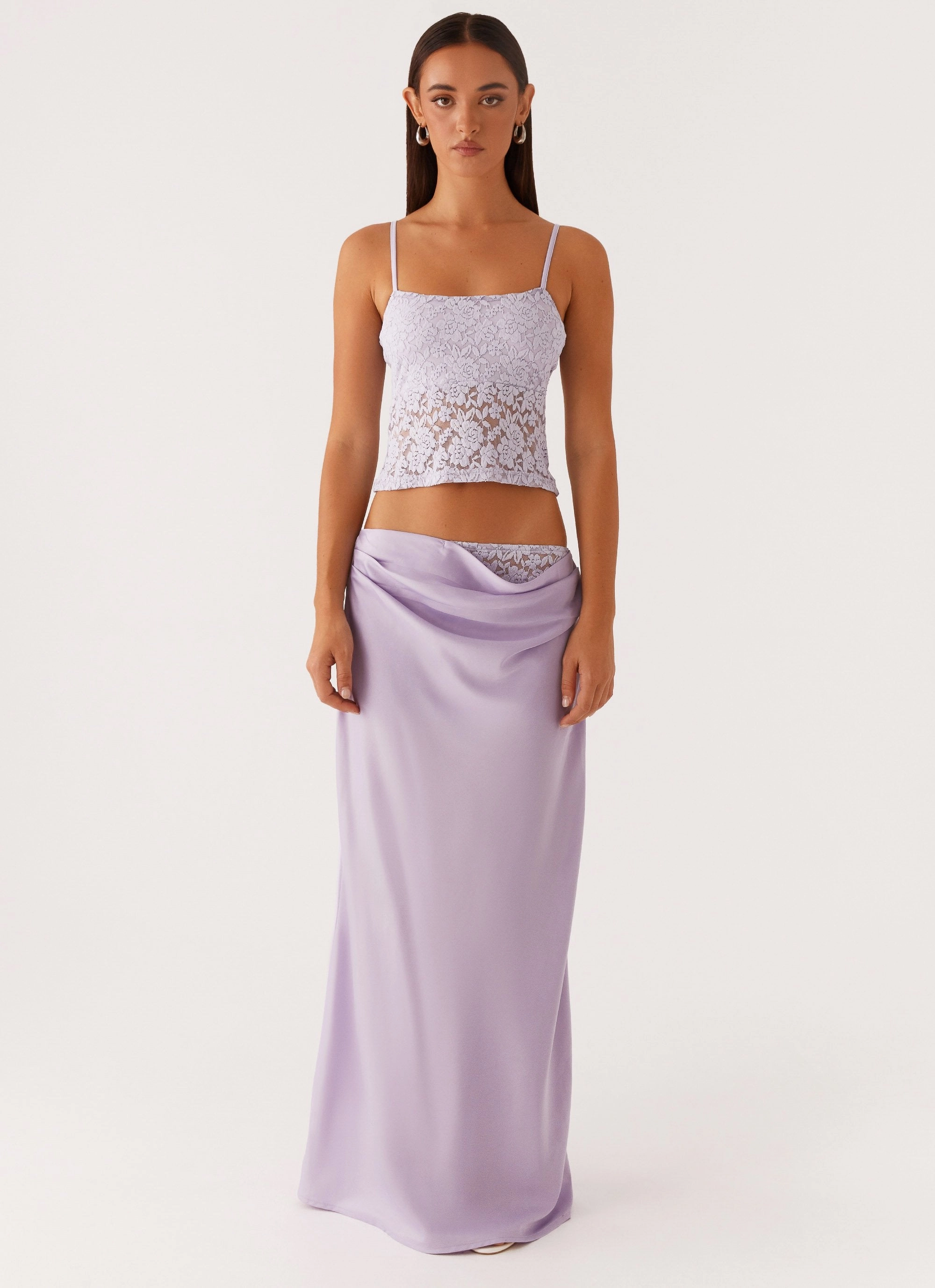 High Street Chic Nancy Lace Satin Maxi Skirt - Lilac