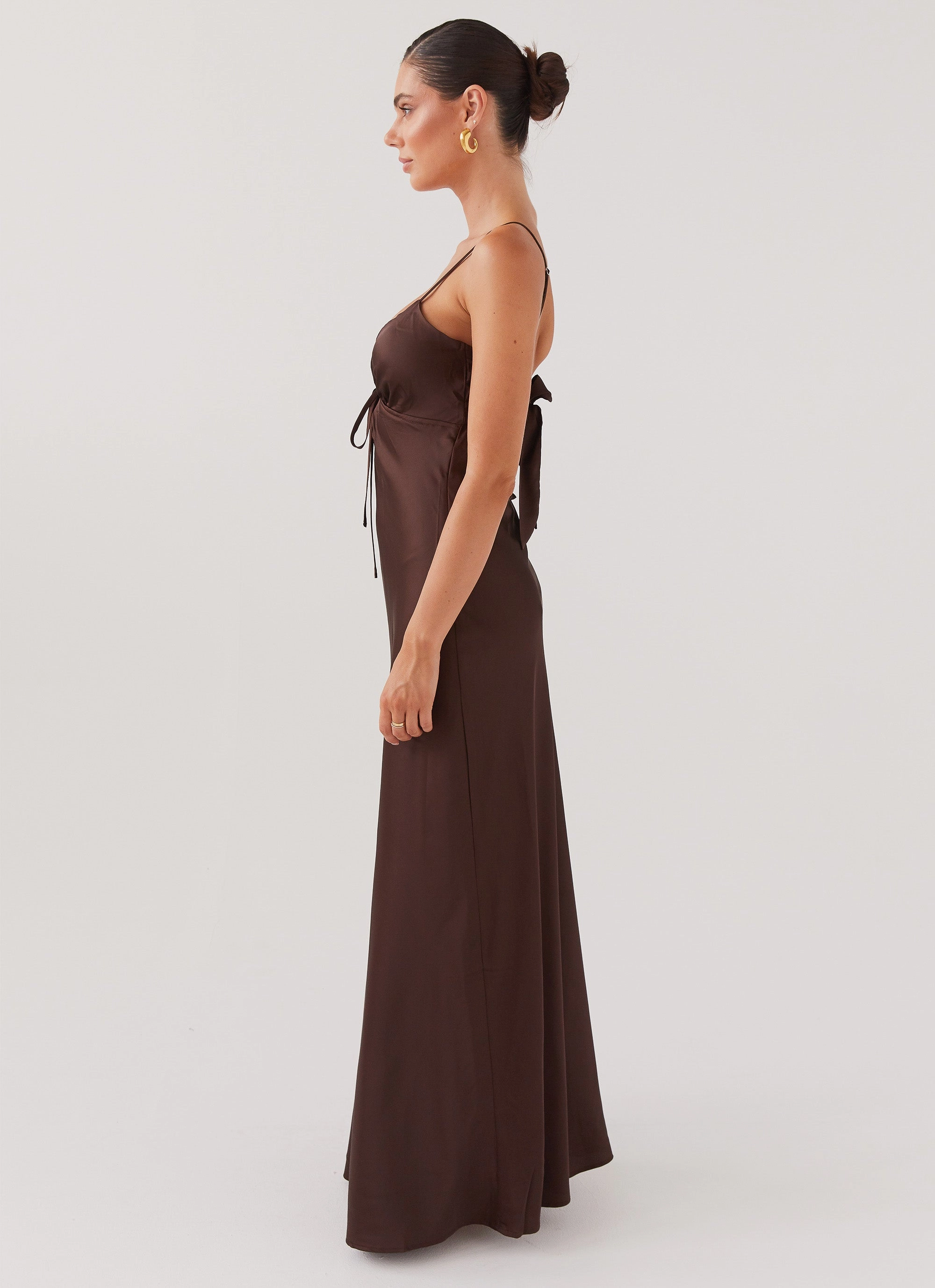 Machine-washable High-Neck Flora Satin Maxi Dress - Chocolate