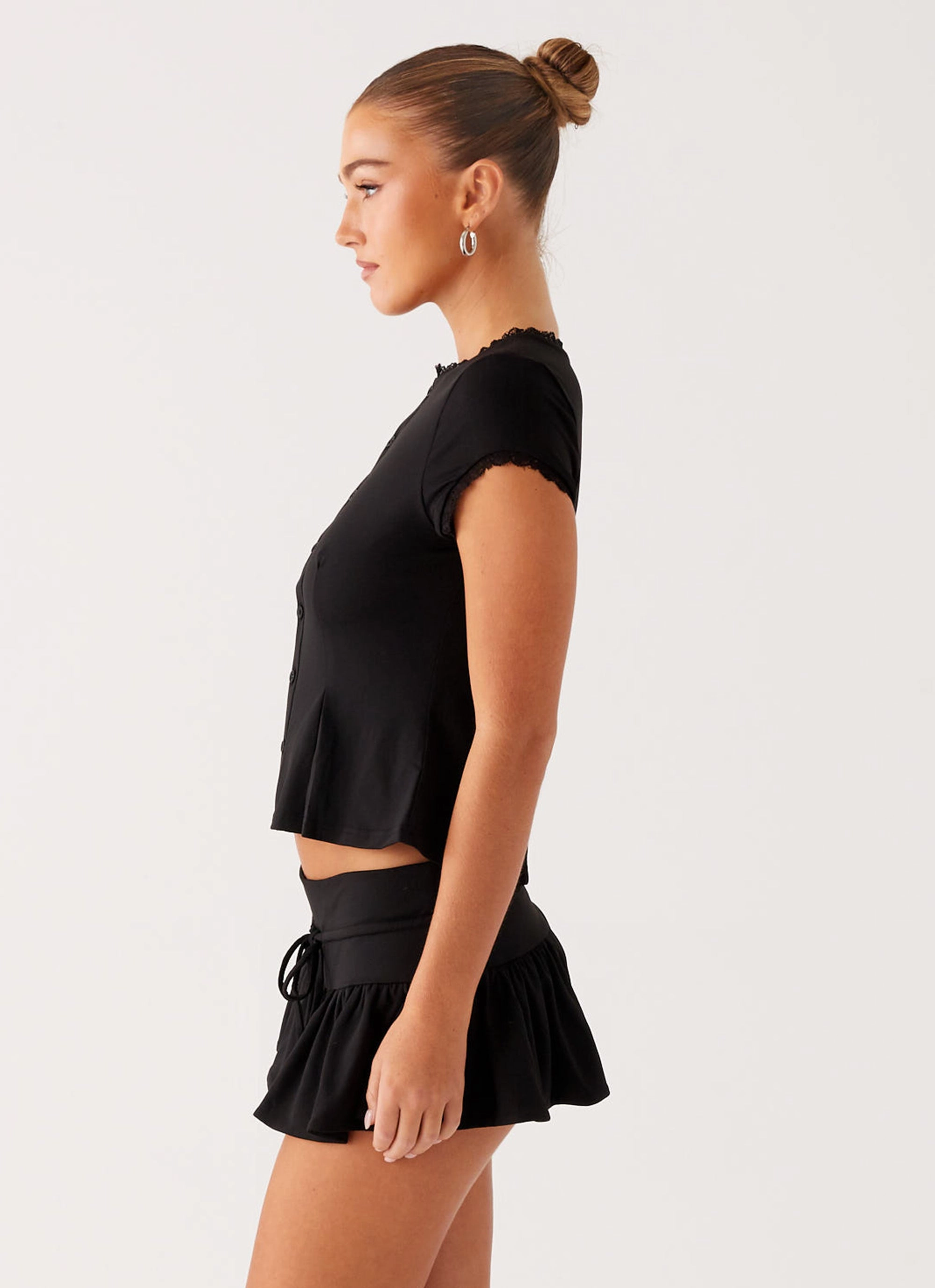 Landon Mini Skort - Black Ruching Details Mid Length