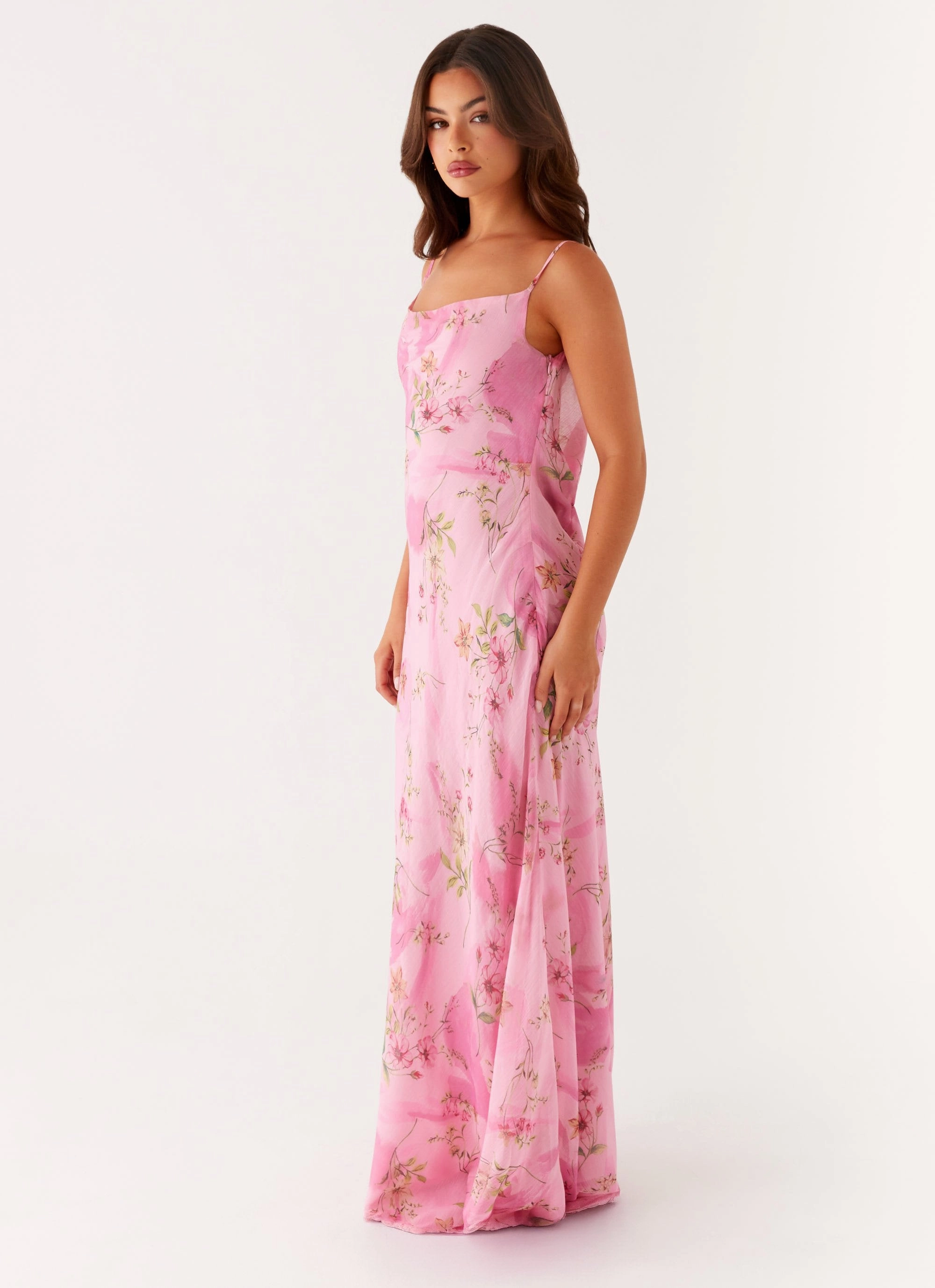 Orlando Maxi Dress - Pink Floral Print Pleat Breeze