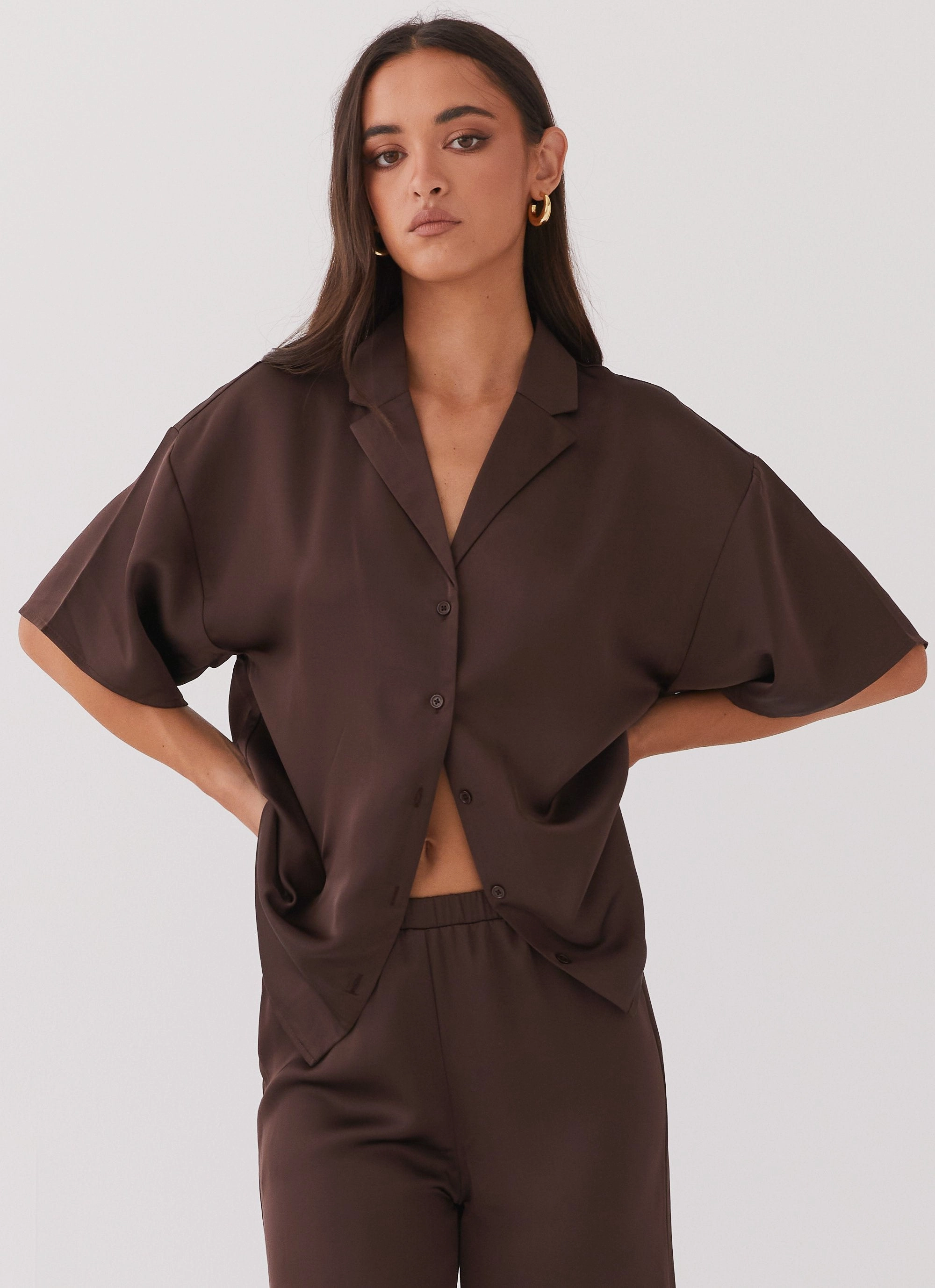 Palm Cove Satin Shirt - Chocolate DoubleLayered Collar Chill Commute Fit