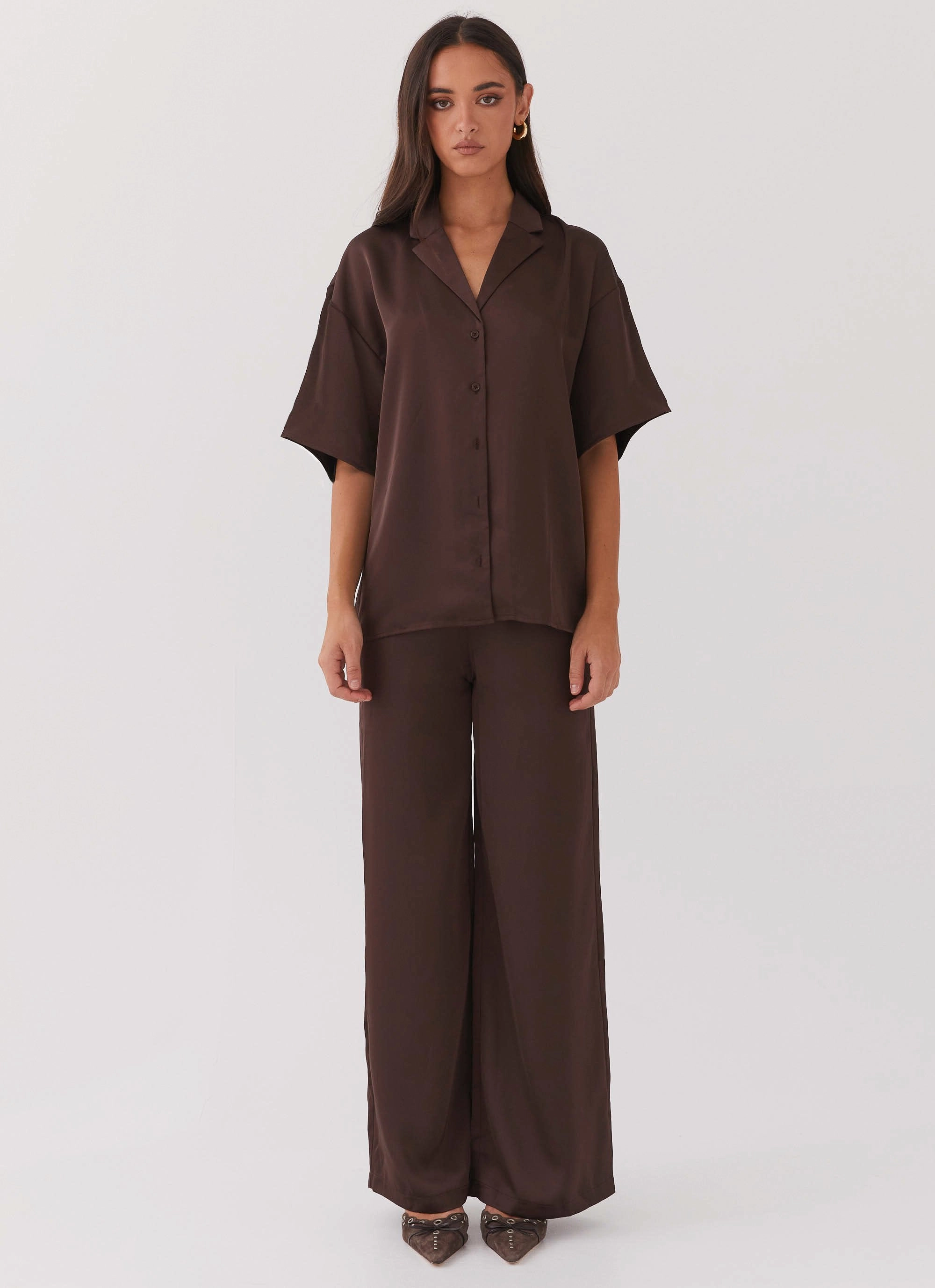 Insulated Layer Cozy Design Palm Cove Satin Shirt - Chocolate