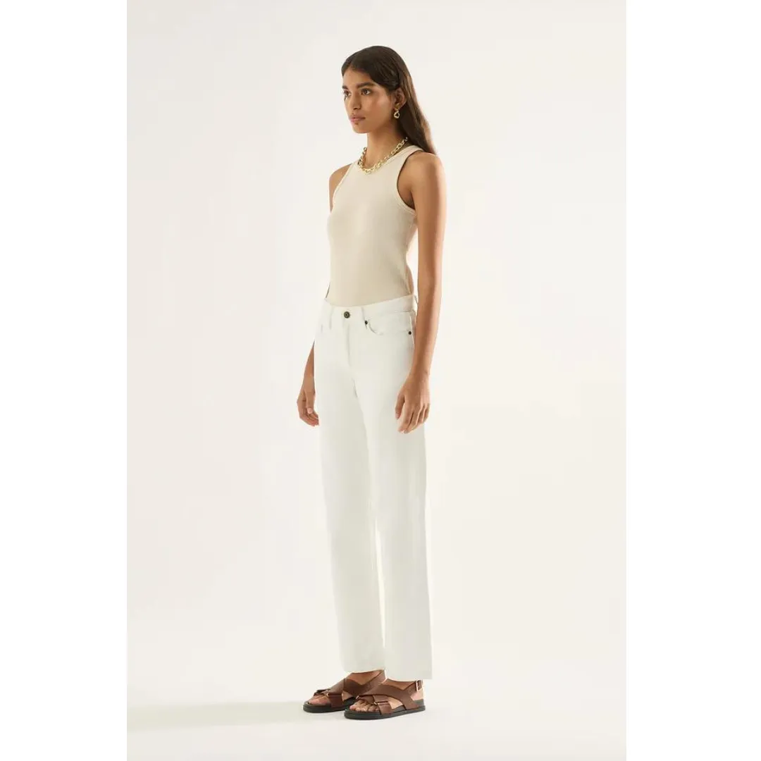 OUTLAND DENIM Elise Mid Straight Jean, Snow White Anti Pilling Textile Rayon drape