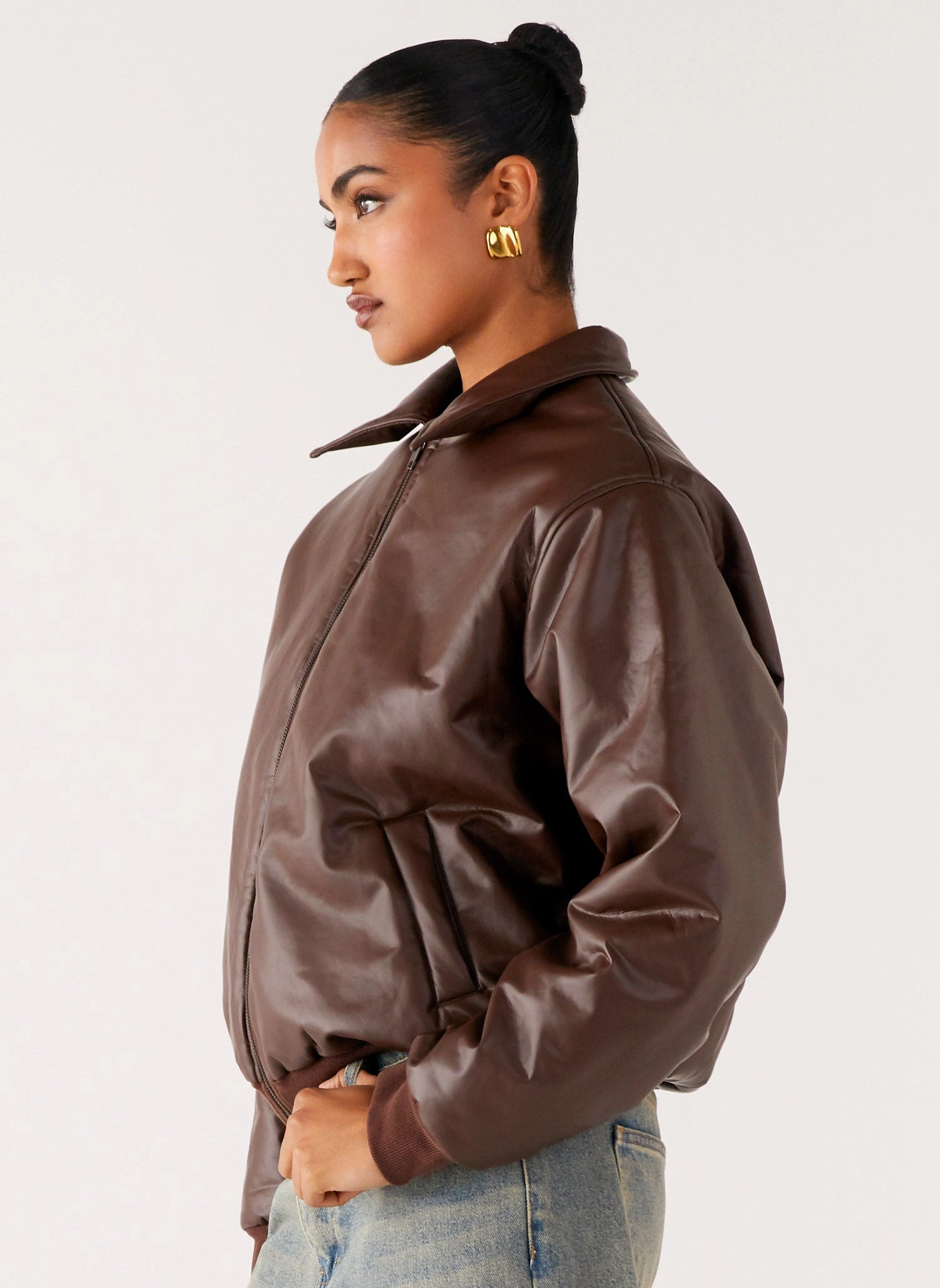 Moisture Managing Layer Packable design Outlands Faux Leather Bomber Jacket - Chocolate