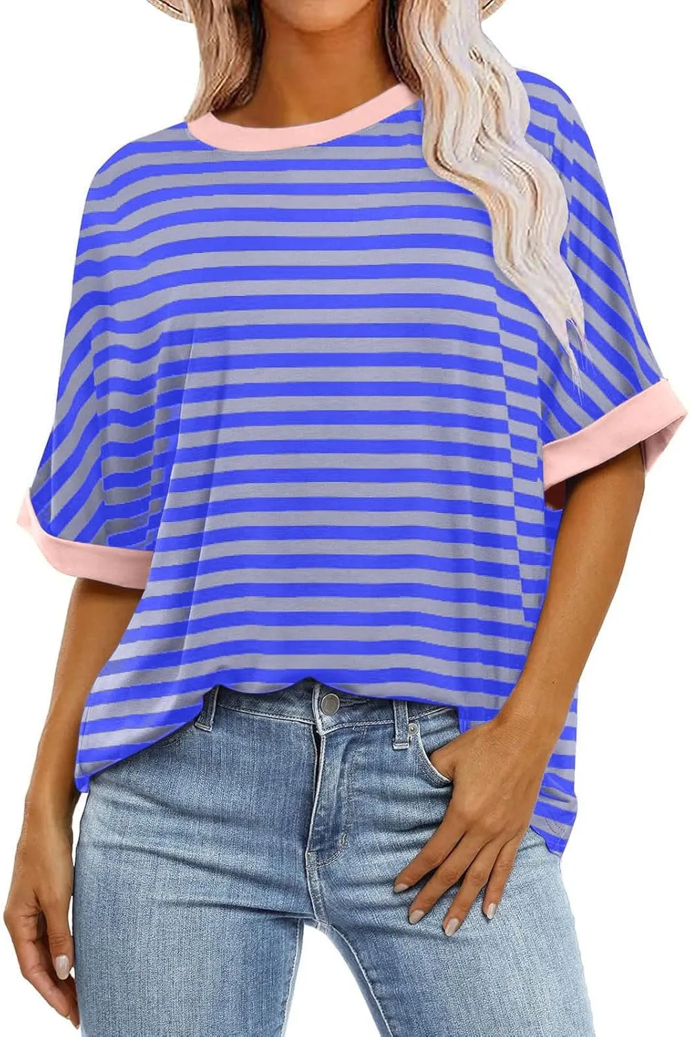Oversized T Shirts for Women Short Sleeve Crewneck Summer Tops Casual Loose Striped Tee Shirts Trendy Clothes
