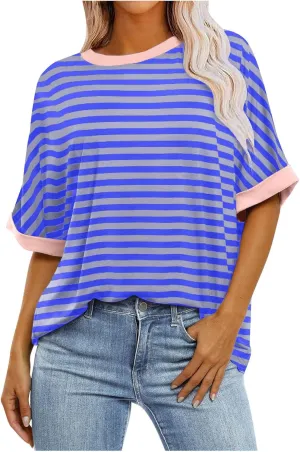 Oversized T Shirts for Women Short Sleeve Crewneck Summer Tops Casual Loose Striped Tee Shirts Trendy Clothes