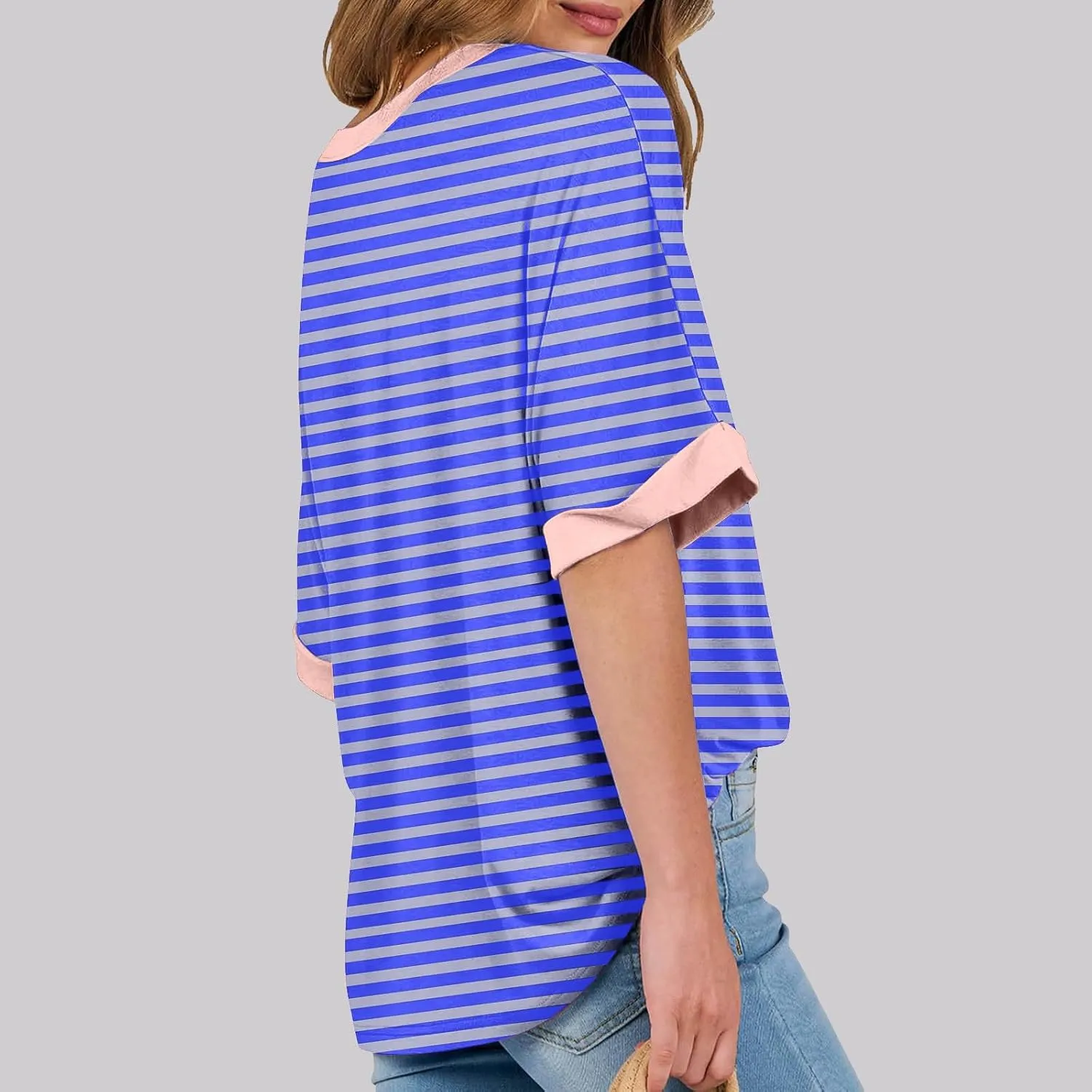 Oversized T Shirts for Women Short Sleeve Crewneck Summer Tops Casual Loose Striped Tee Shirts Trendy Clothes