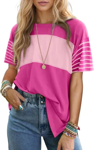 Oversized T Shirts for Women Striped Summer Tops 2025 Short Sleeve Trendy Color Block Crewneck Casual Shirts Blouse
