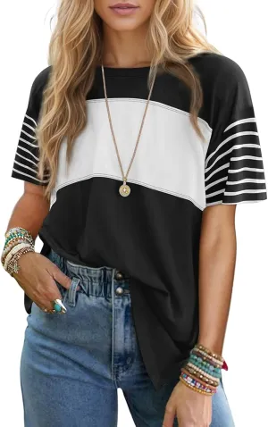 Oversized T Shirts for Women Striped Summer Tops 2025 Short Sleeve Trendy Color Block Crewneck Casual Shirts Blouse
